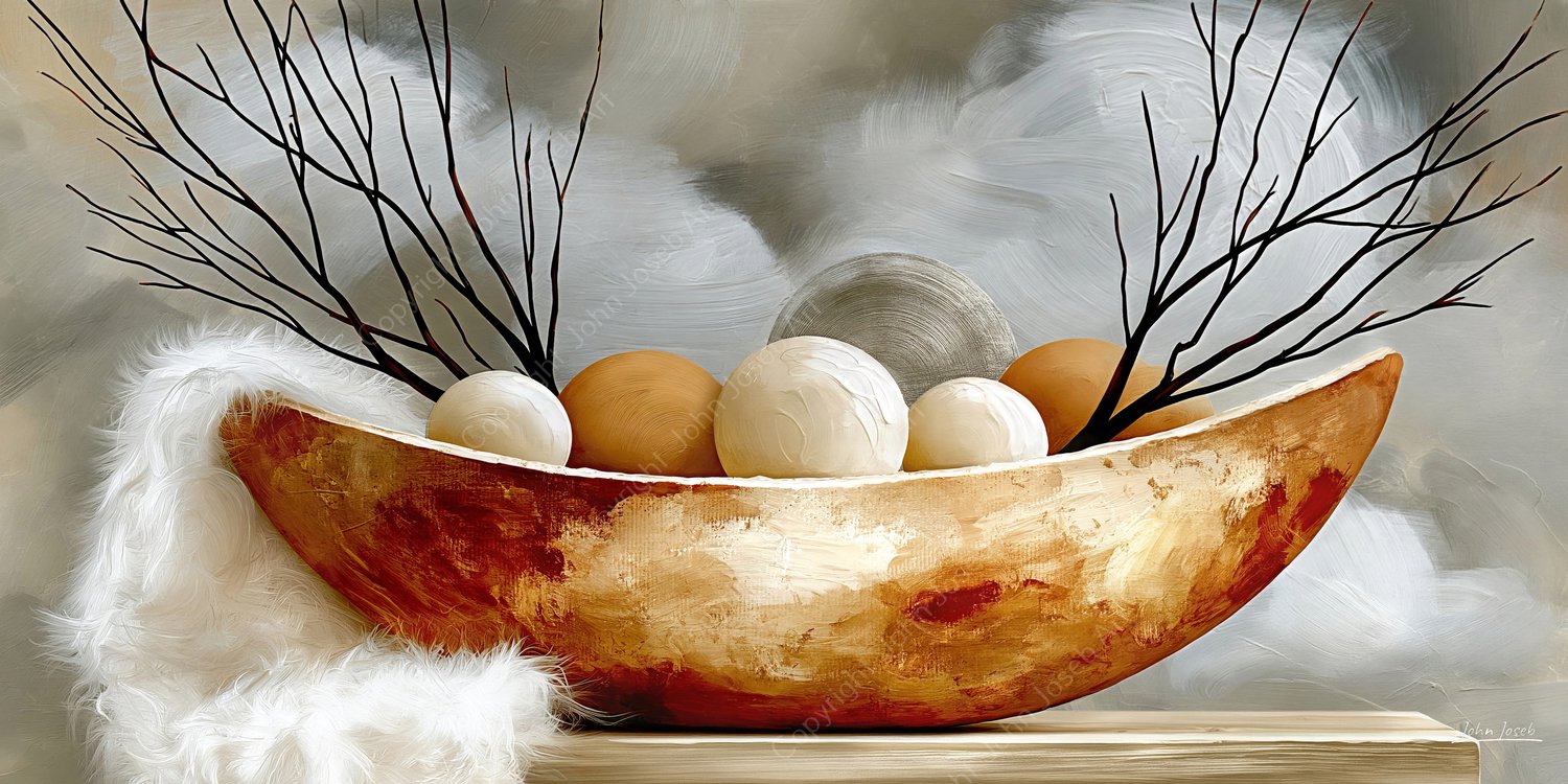 John Joseb Art (Aluminium) 100x50 | Abstract, panorama, schaal, hout, ballen, takken, stilleven, zachte stof, pluizig, Japandi, kunst, wit, grijs, bruin, beige, rood, modern | foto-schilderij op dibond, metaal wanddecoratie Aluminium, dikte 3 mm