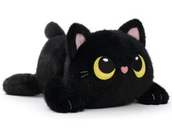 Zwarte Kat Mushy Friends Pluche Knuffel Liggend 28 cm - Speelgoed Knuffels voor Kinderen Jongens Meisjes - Plush Toy - Kawaii Kussen - Extra Schattig met Hartjesneus