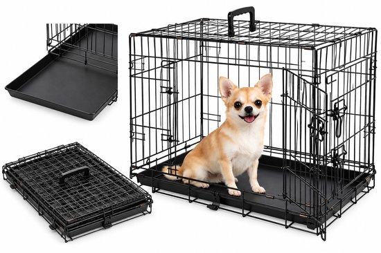 Zwarte metalen hondenbench met chihuahua, uitneembare bodem en opvouwbaar ontwerp.