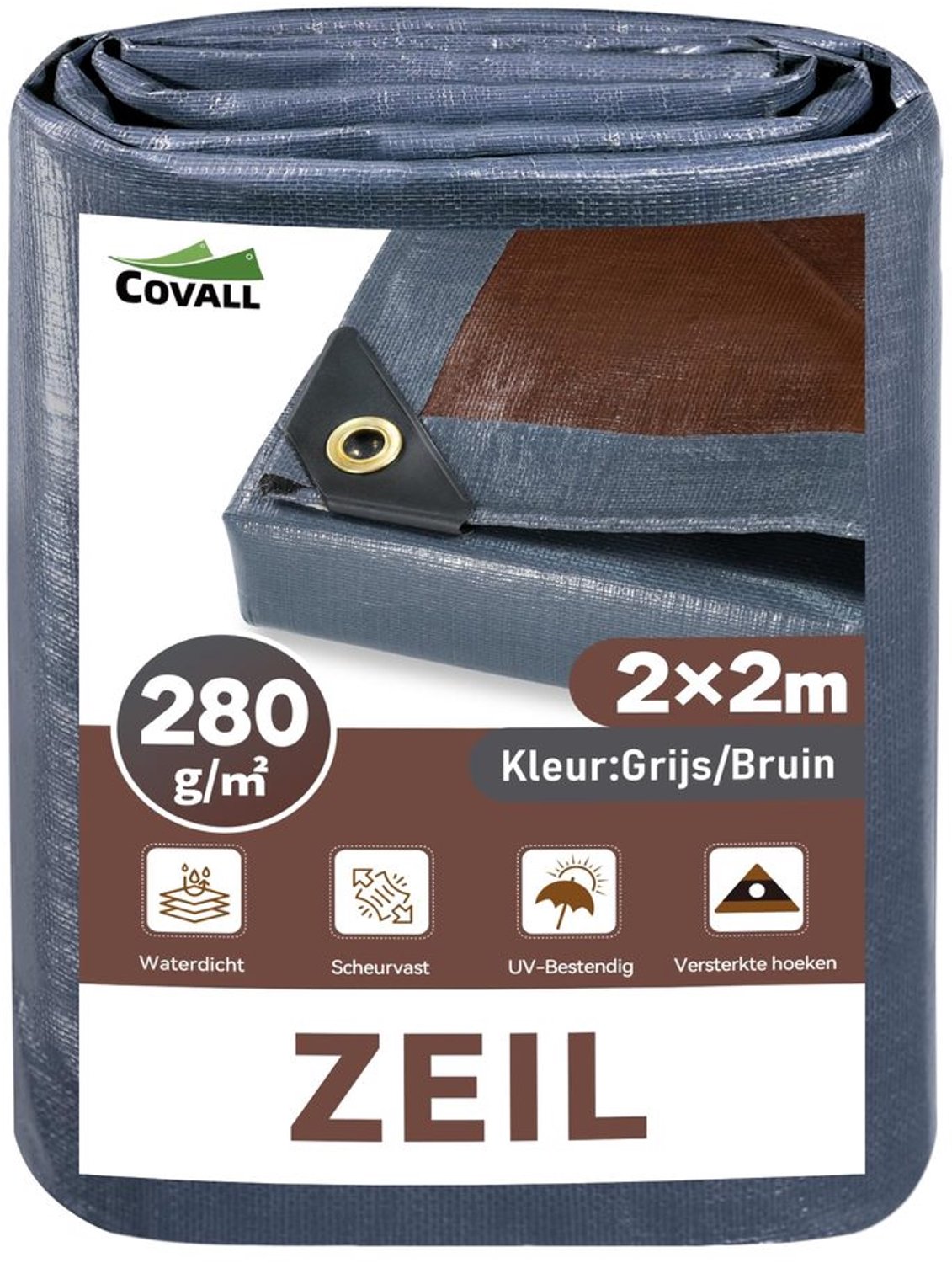Waterdichte Extra Sterke Tarpaulin, 280 g/m², 2 x 2 m, Grijs/Braun