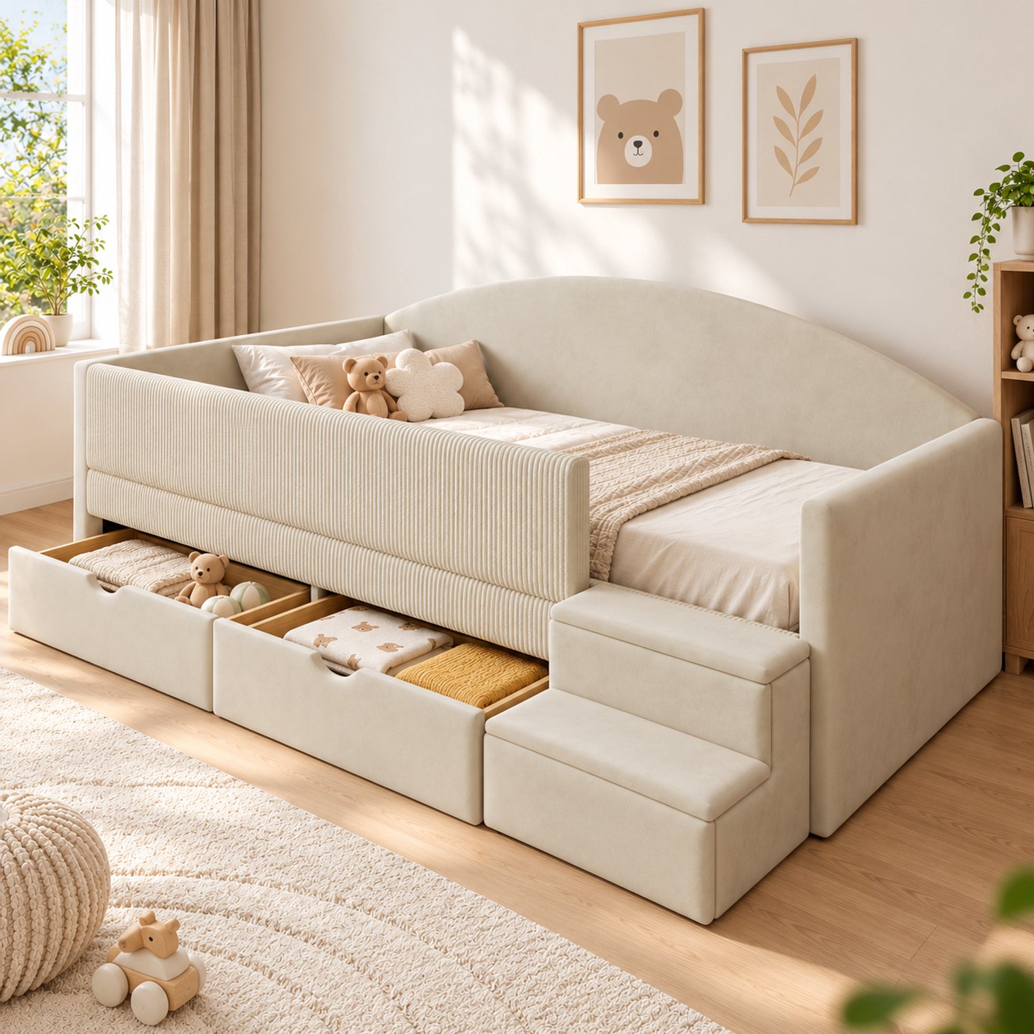 MIVRAY Gestoffeerd Kinderbed 90x190 Cm - Zonder Matras Met Zachte Veiligheidsrand En Antislip Stappen - Met 2 Lades - Fluweel - Beige