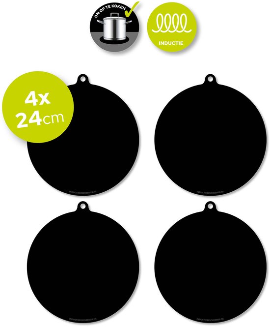 Vier zwarte ronde inductiematjes van 24 cm met een ophangoog en 'om op te koken' en 'inductie' iconen.