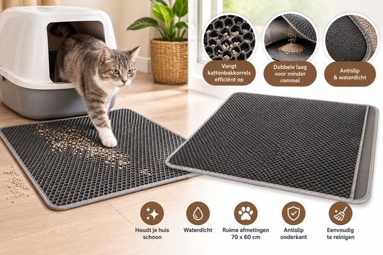 Antislip, waterdichte grijze kattenbakmat met honingraatstructuur 70x60cm, toont korrels die worden opgevangen.