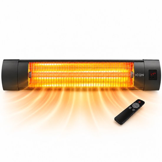 ICQN Infrarood Terrasverwarmer met Afstandsbediening - 2300W - 4 Standen - Water en stofbescherming - Voor Binnen en Buiten - Elektrische Kachel - Zwart