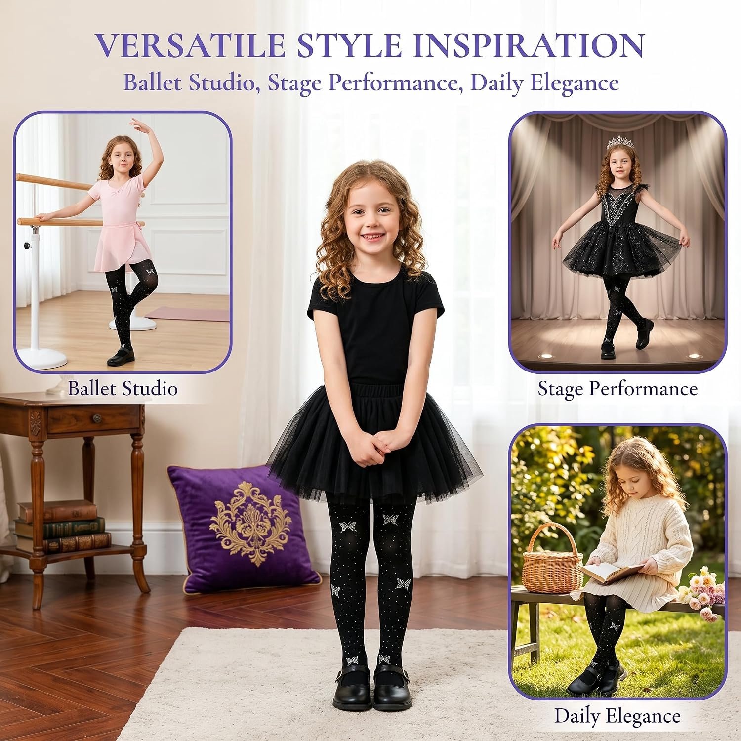 Balletpanty voor meisjes, fijne panty voor meisjes, 100 denier met strass-steentjes in vlindervorm