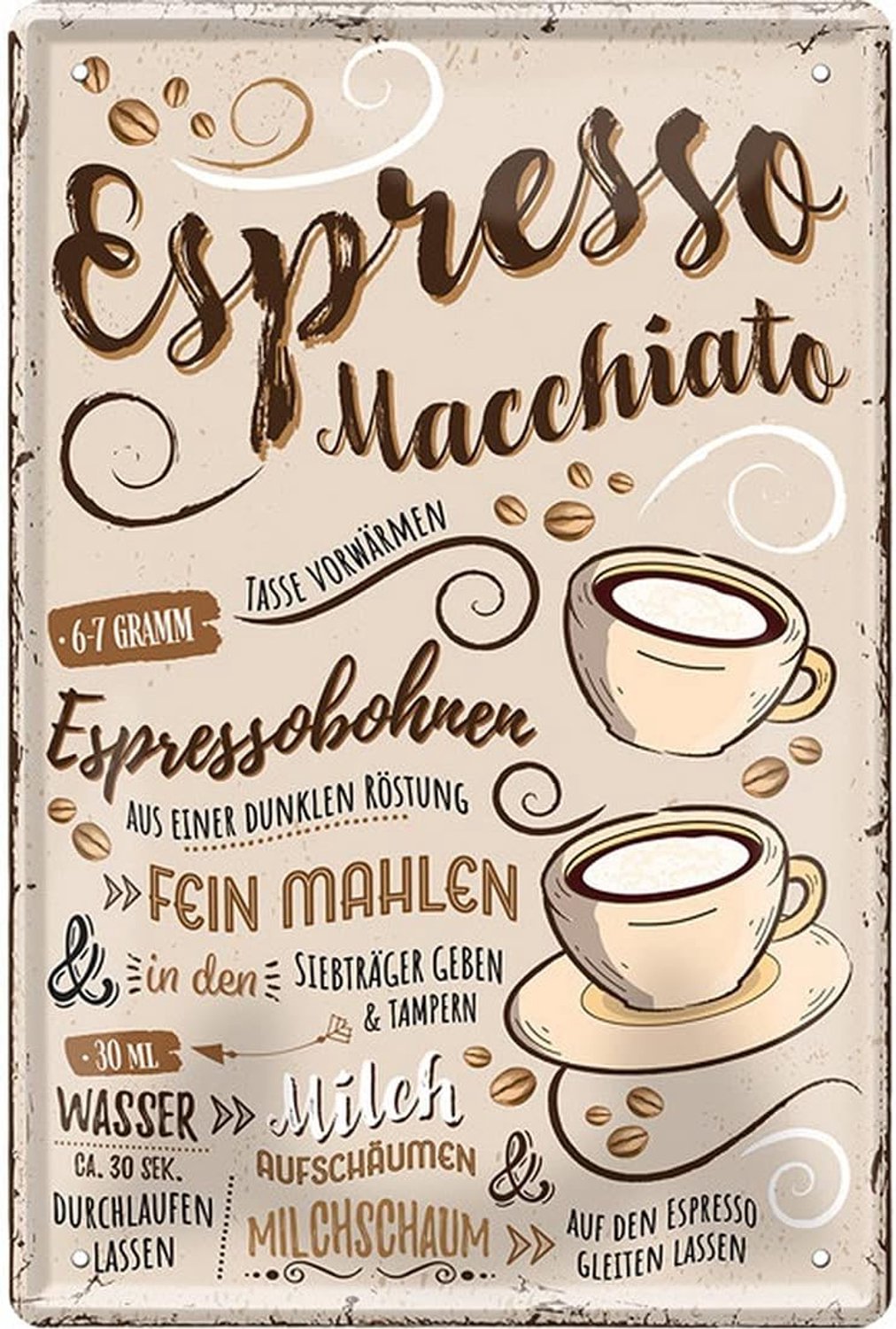 Rassen bereiding recept retro deco metalen bord Coffee Bar Bistro Restaurant (20 x 30 cm, Espresso Macchiato - espresso bonen melk melk schuim 2265)