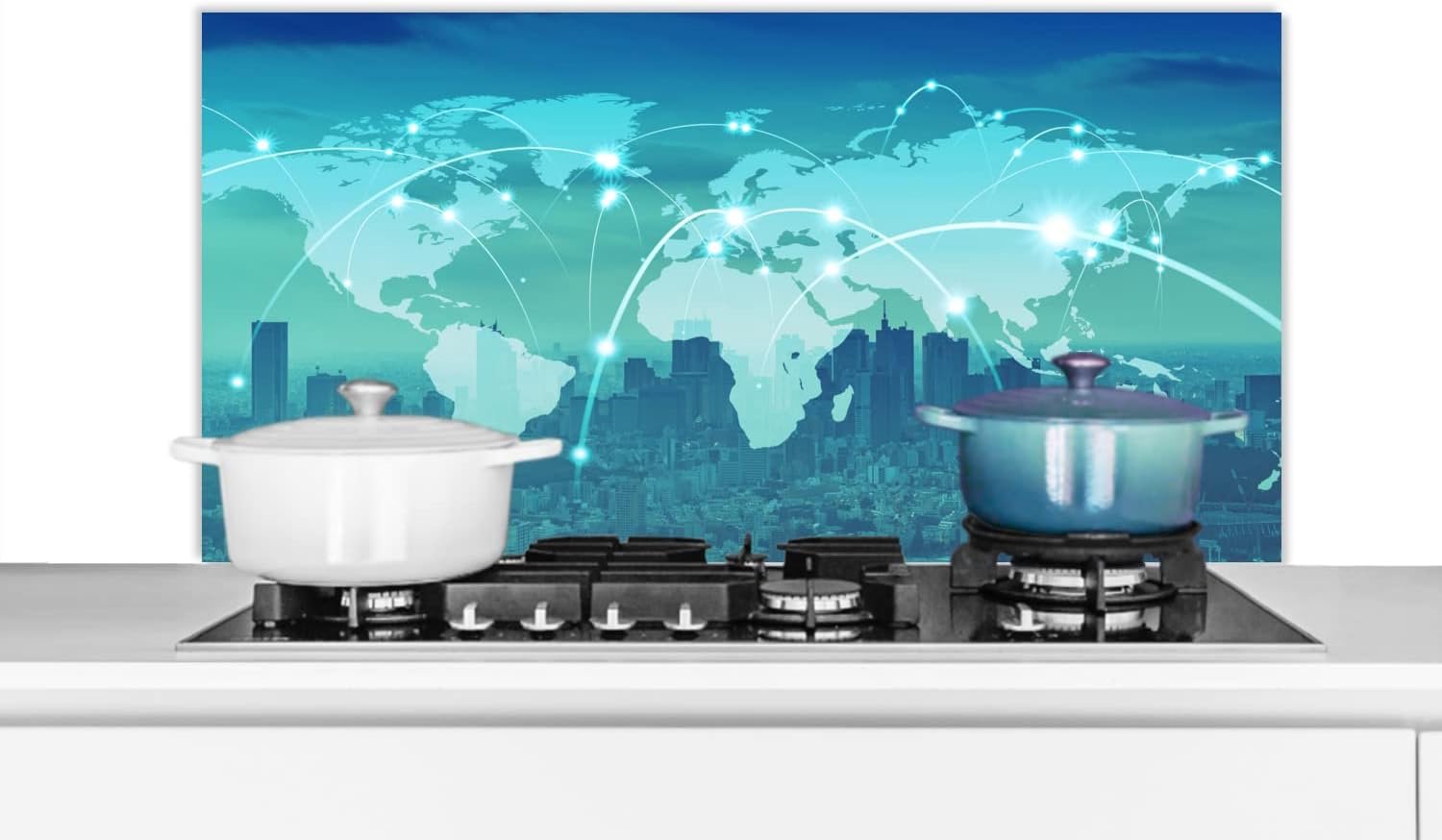 Spatscherm Keuken - 100x50 cm - Wereldkaart - Netwerk - Blauw