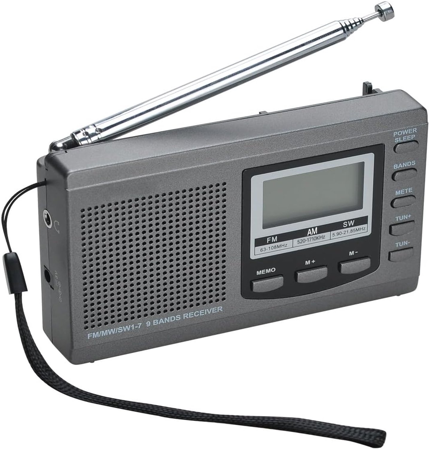 Draagbare radio-ontvanger met 9 banden met luidspreker en hoofdtelefoon, uitstekende digitale radio met tijdweergave, 12/24 uur, achtergrondverlichting, alarm, werkt op batterijen