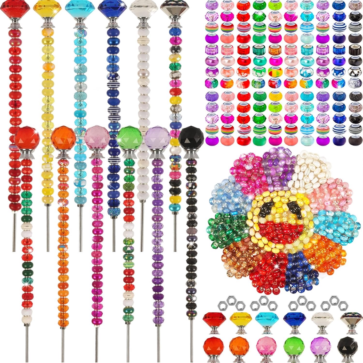 500 Stuks Tuin Stakes Diy Fairy Wand Tuin Stakes Kit, Kleurrijke Grote Gat Kralen Kristal Diamant Stopper Top 12 Rvs Schroefdraad Staaf Kralen Tuin Stakes Levert Voor Outdoor Decoratieve