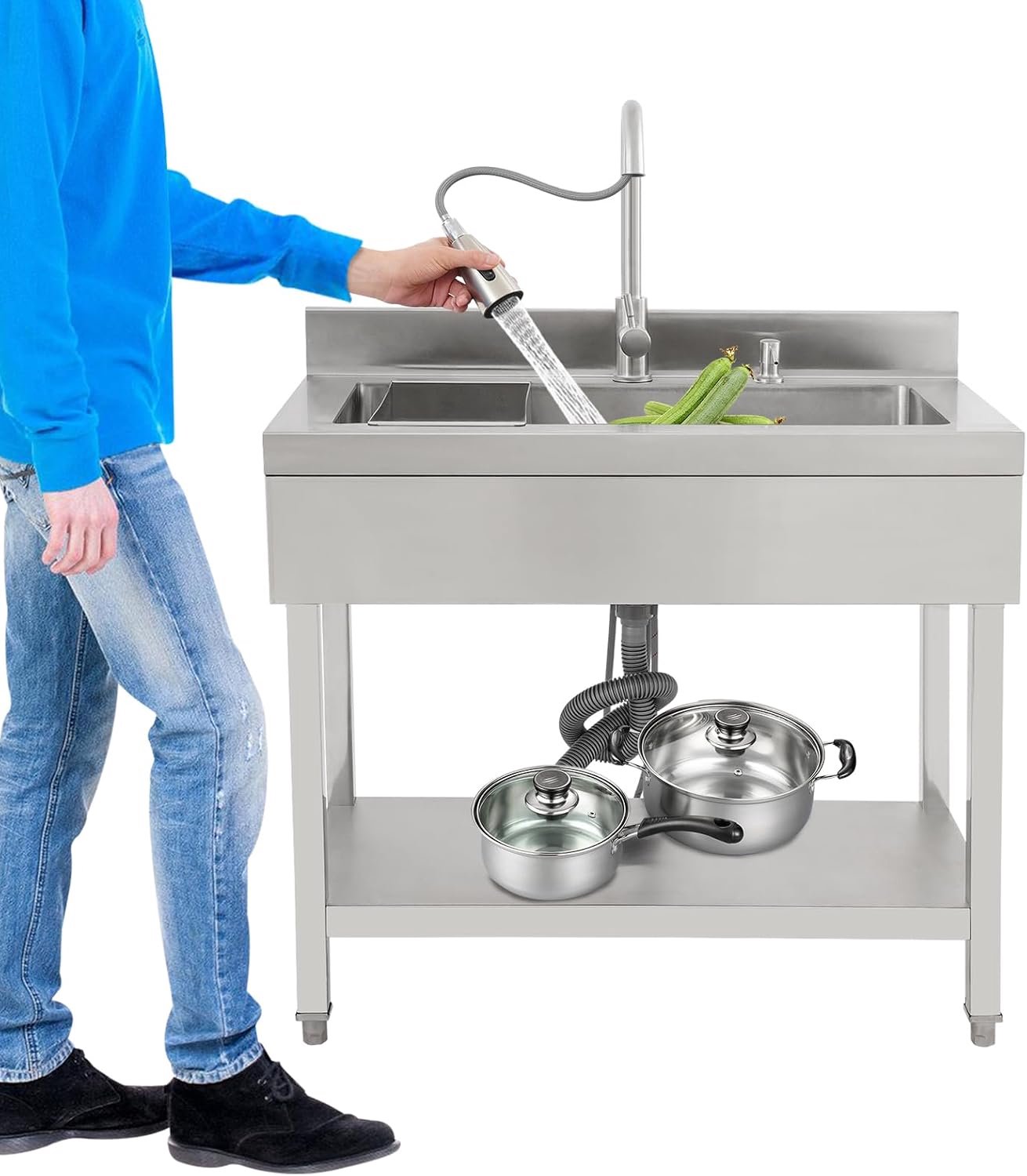 Spoelbak van roestvrij staal, 90 cm/60 cm, met kraan, vrijstaand, mobiele wastafel, keukenspoelbak, roestvrijstalen spoelbak voor keuken, tuin, camping, outdoor, garage (zilver