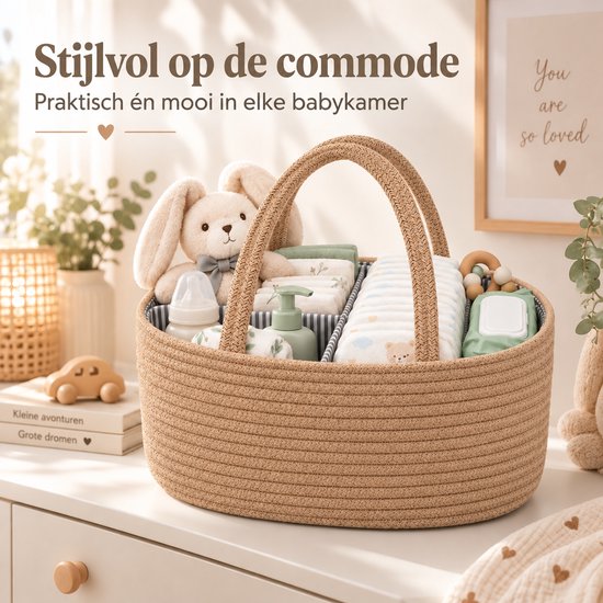 Luiermand voor Commode – Baby Organizer met Uitneembare Vakken – Commodemandje met Handvatten – 36 x 22 x 18 cm – Opbergmand voor Luiers, Doekjes & Babyverzorging – Bruin — afbeelding 3