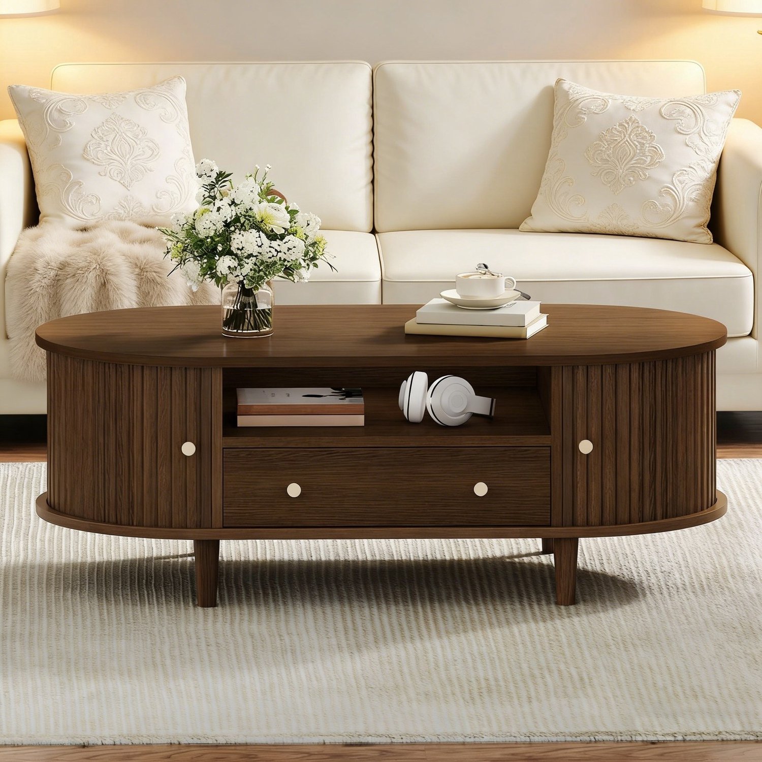Salontafel ovaal 100x50x36 cm - met lade en roldeur - MDF - walnoot