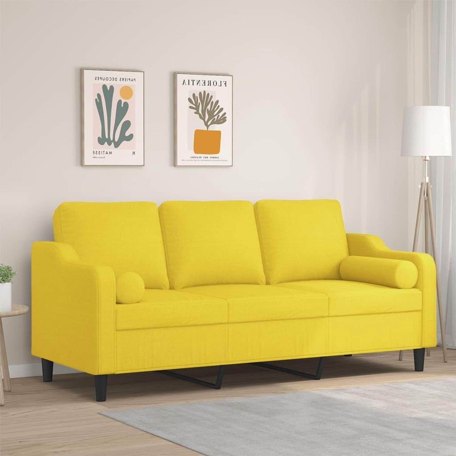 3-zitsbank met sierkussen, 180 cm, stoffen bekleding in lichtgeel, afneembare hoezen en robuust metalen frame voor duurzaamheid en comfort