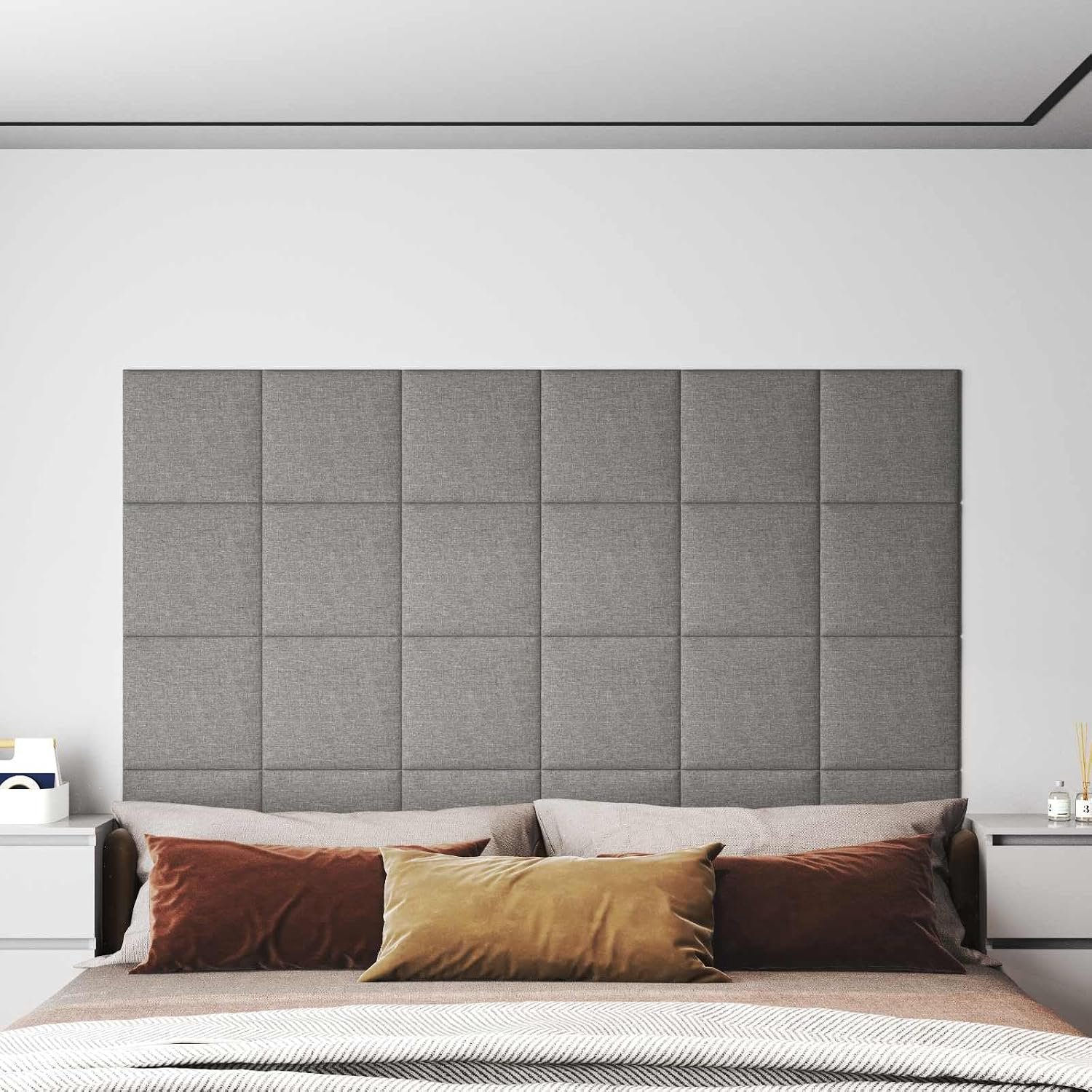 Set van 12, lichtgrijs, 30 x 30 cm, gevoerd wandpaneel voor slaapkamer, zachte stof, wandbekleding, hoofdeinde voor moderne woonsfeer