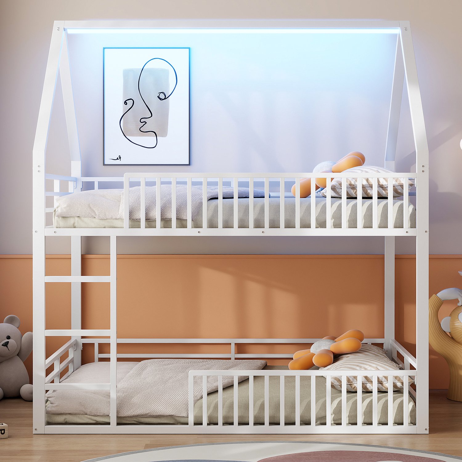 MUVANO Huisvormig stapelbed 140x200 - wit metalen stapelbed - met veiligheidshek en zevenkleurige ledverlichting - voor kinderkamer, hoogte 214 cm