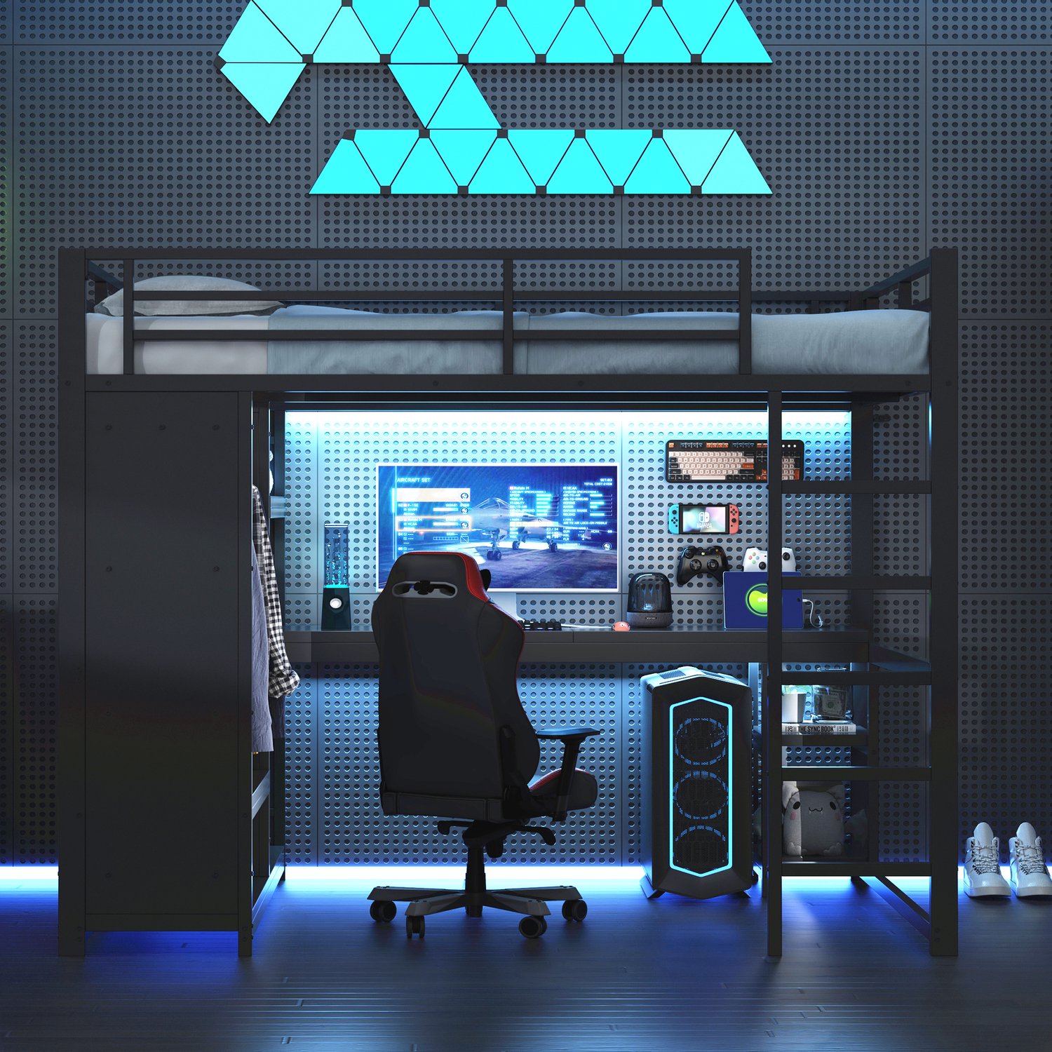 MUVANO Hoogslaper 140x200 met bureau - Gaming hoogslaper met ledverlichting - metalen frame en open kledingkast - zwart, 204 x 145 x 180 cm