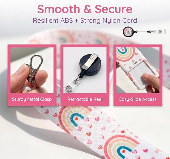 Kleurrijke ID Houder met Lanyard en Retractable Badge Reel, Afneembare Lanyard, Bescherming voor Pasjes op Werk, School of Tentoonstelling — afbeelding 5