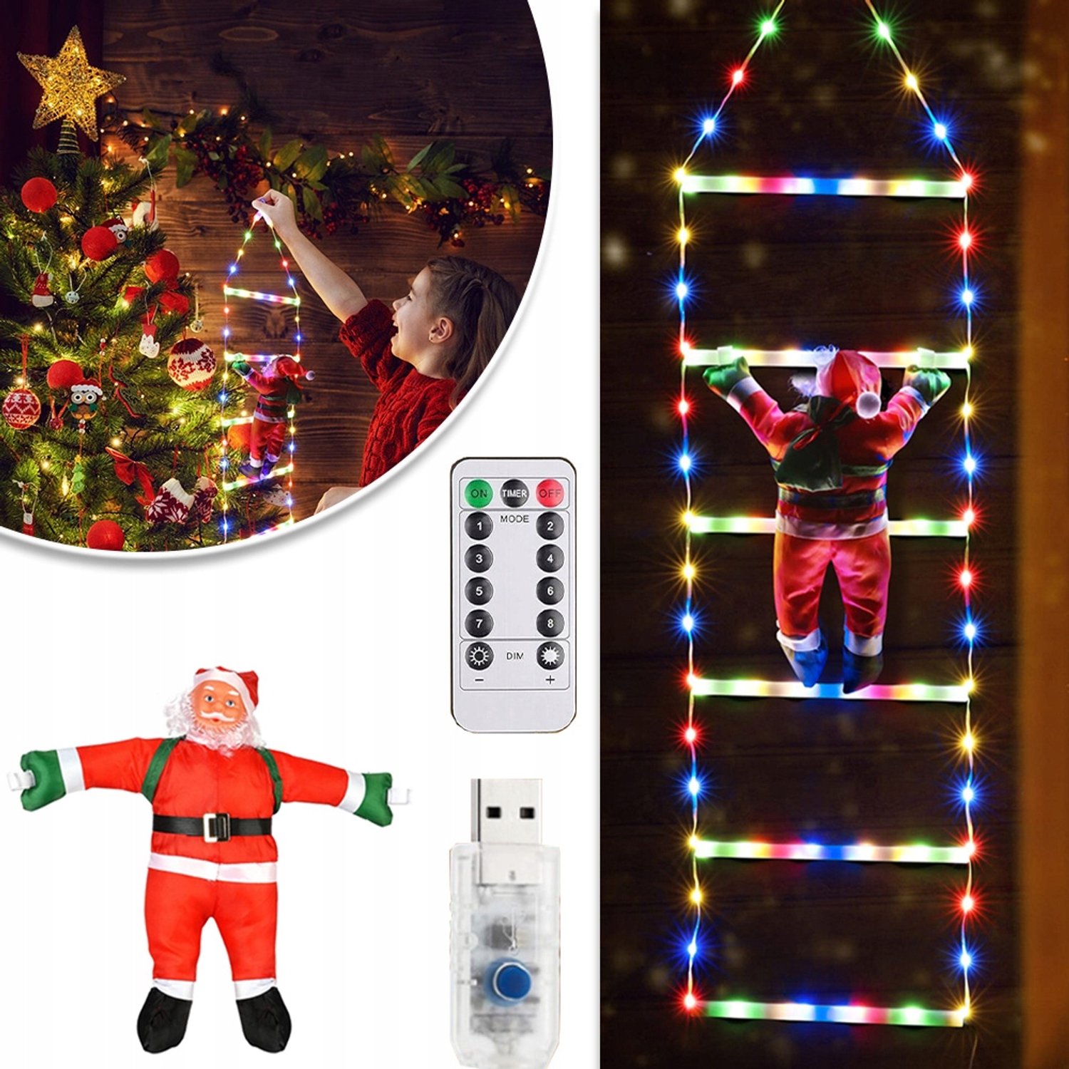 LED Kerstladder Verlichting met Kerstman - Timer Geheugenfunctie - 8 Lichtmodi - 75cm - Warm Wit Licht - Voor Raam Deur Kerstboom Trap Terras - Binnen Buiten Kerstdecoratie