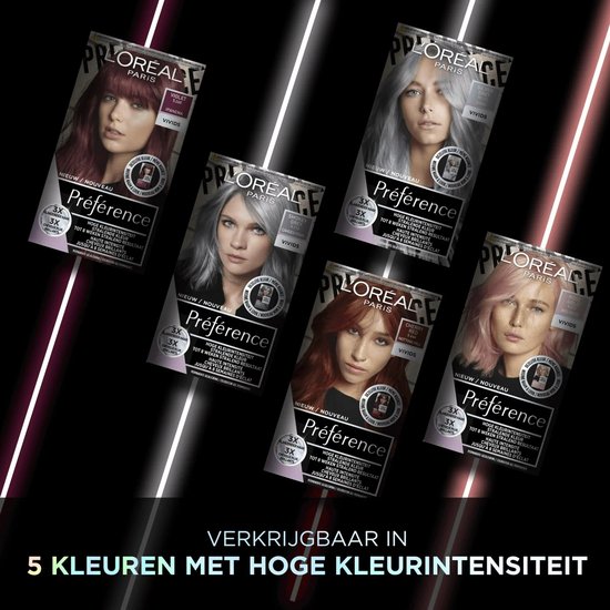De L'Oréal Paris Préférence verpakkingen in violet, grijs, zilver, roze goud en rood.