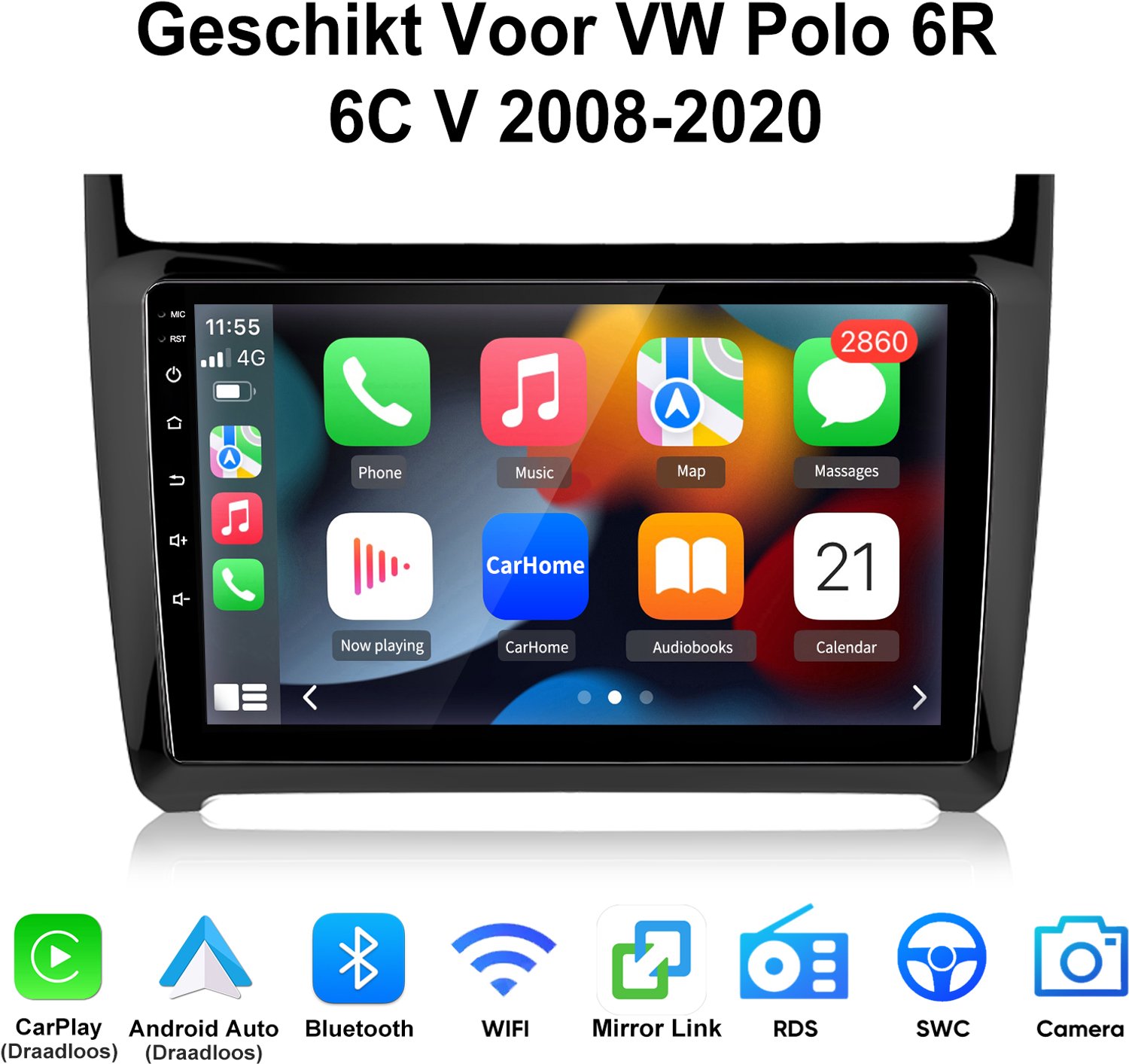 Junsun Android 15 Autoradio Geschikt Voor VW Polo 6R 6C V 2008-2020 - 4GB+64GB - Draadloze CarPlay & Andriod Auto - GPS-navigatiesysteem - Bluetooth - Stuurwielbediening - 9-inch Touchscreen - WiFi - RDS - USB