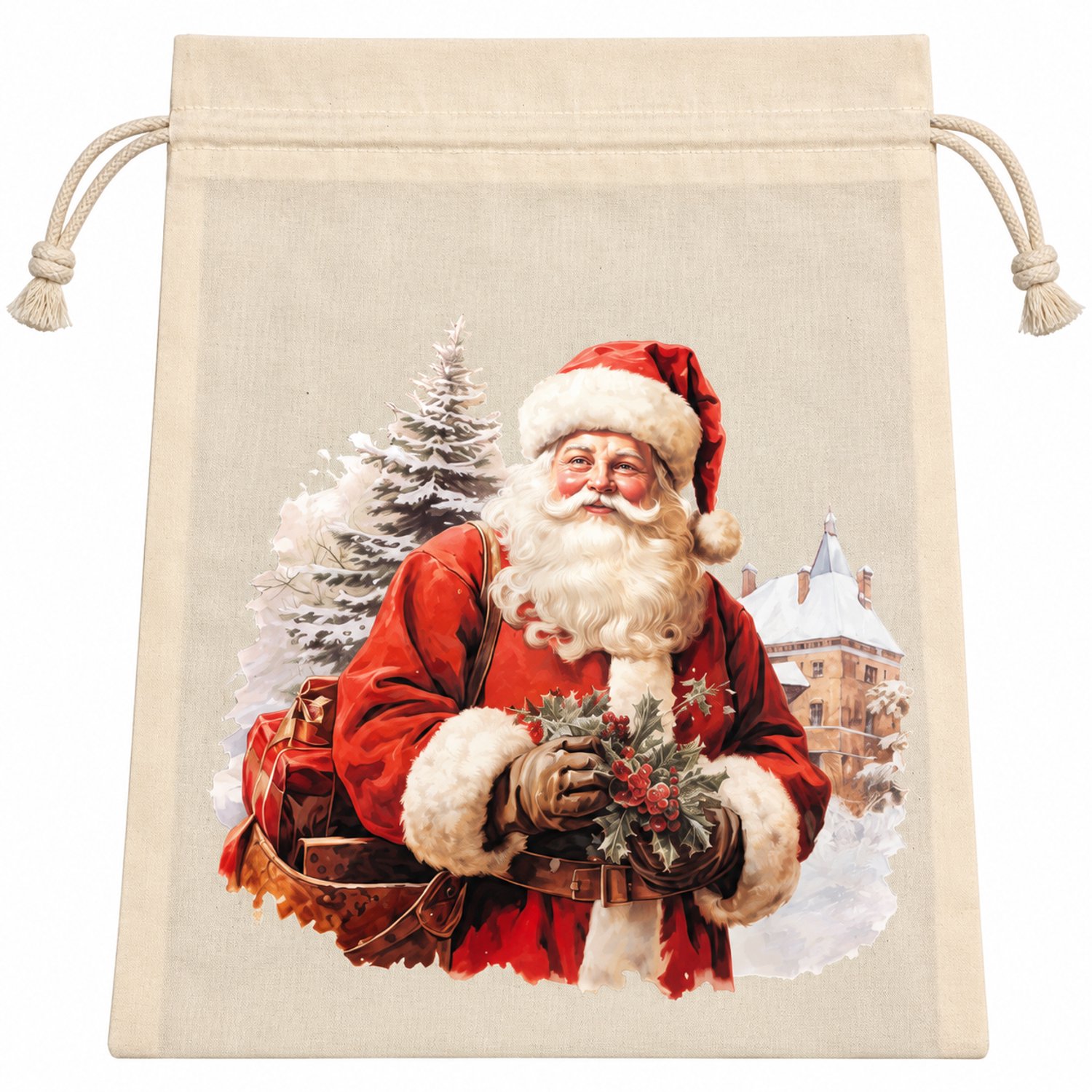 SuperShopper - Clayre & Eef Kerst Cadeauzakje met Trekkoord – 21 x 25 cm – Kerstman Print – Herbruikbare Stoffen Kerstzak – Beige/Rood – Cadeauverpakking Kerst