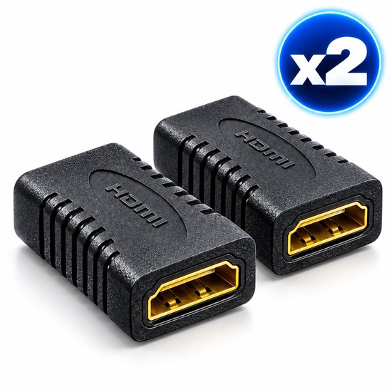 Deux coupleurs HDMI noirs avec connecteurs dorés et côtés nervurés. Une indication 'x2' est visible.