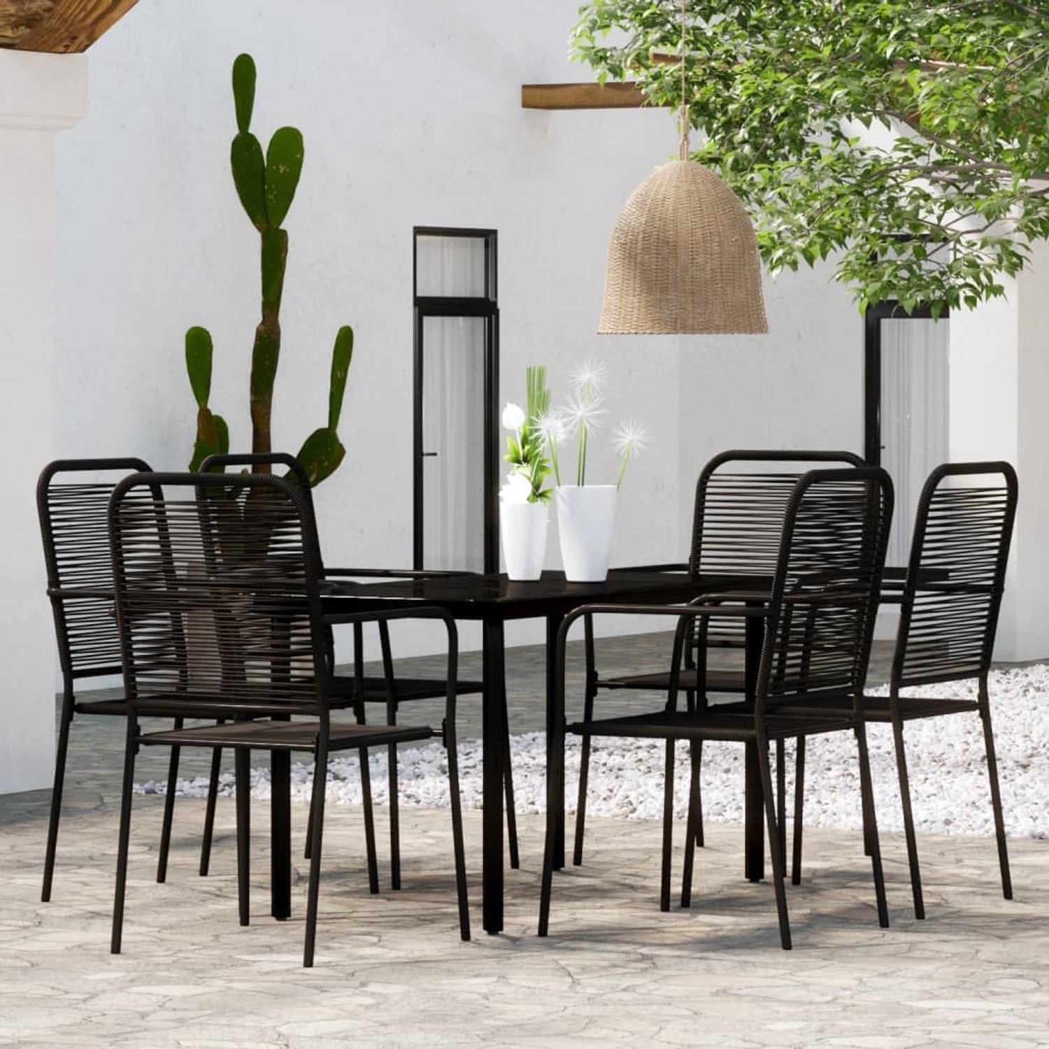 7-delige tuineetset zwart met gepoedercoat stalen frame, tafel van gehard glas en stoelen met gedraaide katoenen touw voor tuin, terras en keuken