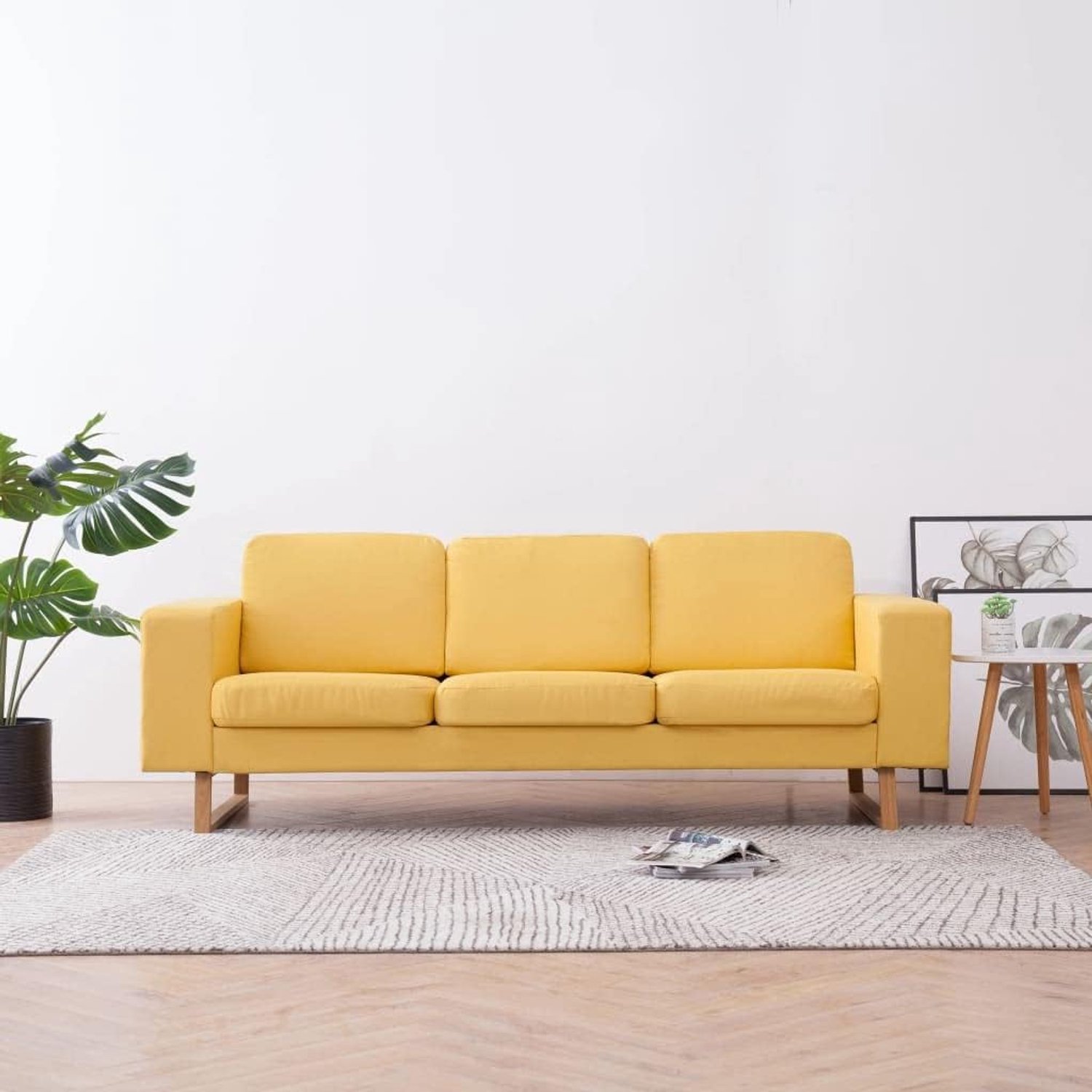 3-zits sofa gele stoffen bekleding brede zitting dikke bekleding afneembare kussenslopen machinewasbaar duurzame hoes stabiele houten frame ijzeren poten