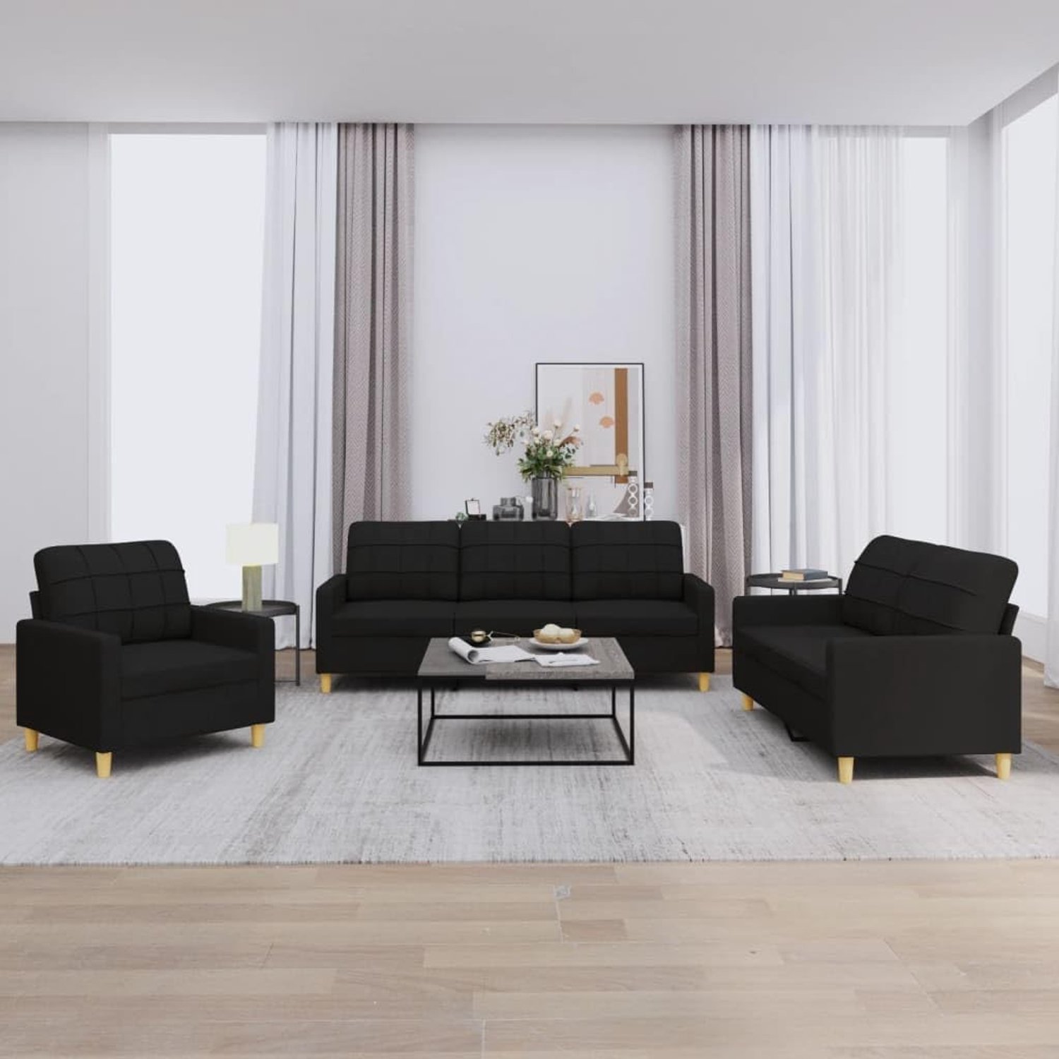3-delig bankstel met kussen zwarte stof, duurzame bekleding en robuust metalen frame voor duurzame stabiliteit en comfortabele ontspanning in de woonkamer