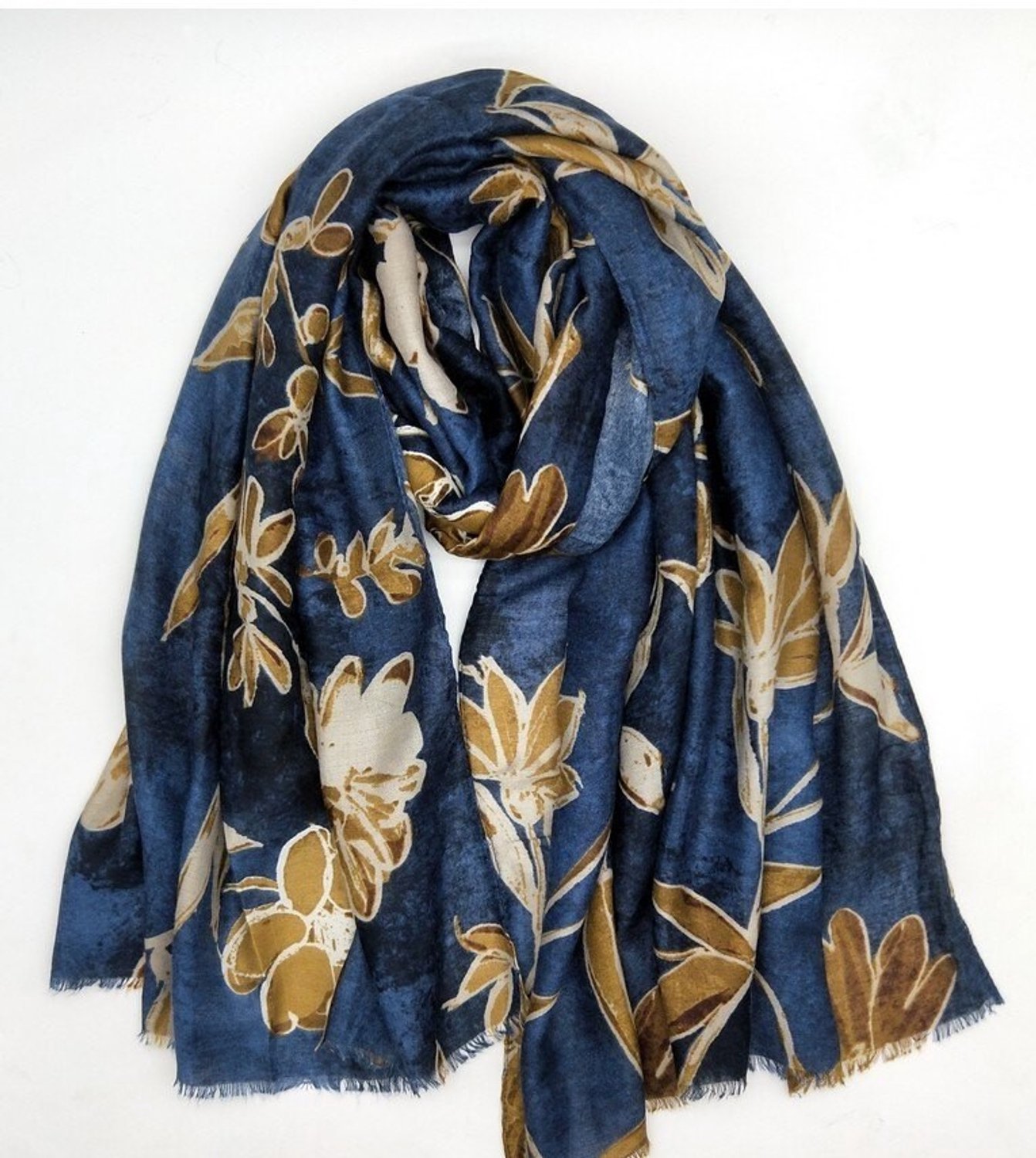 Lange dames sjaal Ingeborg-gebloemd motief-marine blauw navy beige olijf groen bruin