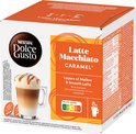 Doos Nescafé Dolce Gusto Latte Macchiato Caramel. Op de voorkant een glas karamel latte macchiato, Nutri-score en 8 cups.
