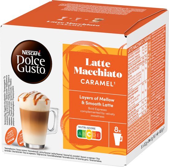 Doos Nescafé Dolce Gusto Latte Macchiato Caramel. Op de voorkant een glas karamel latte macchiato, Nutri-score en 8 cups.
