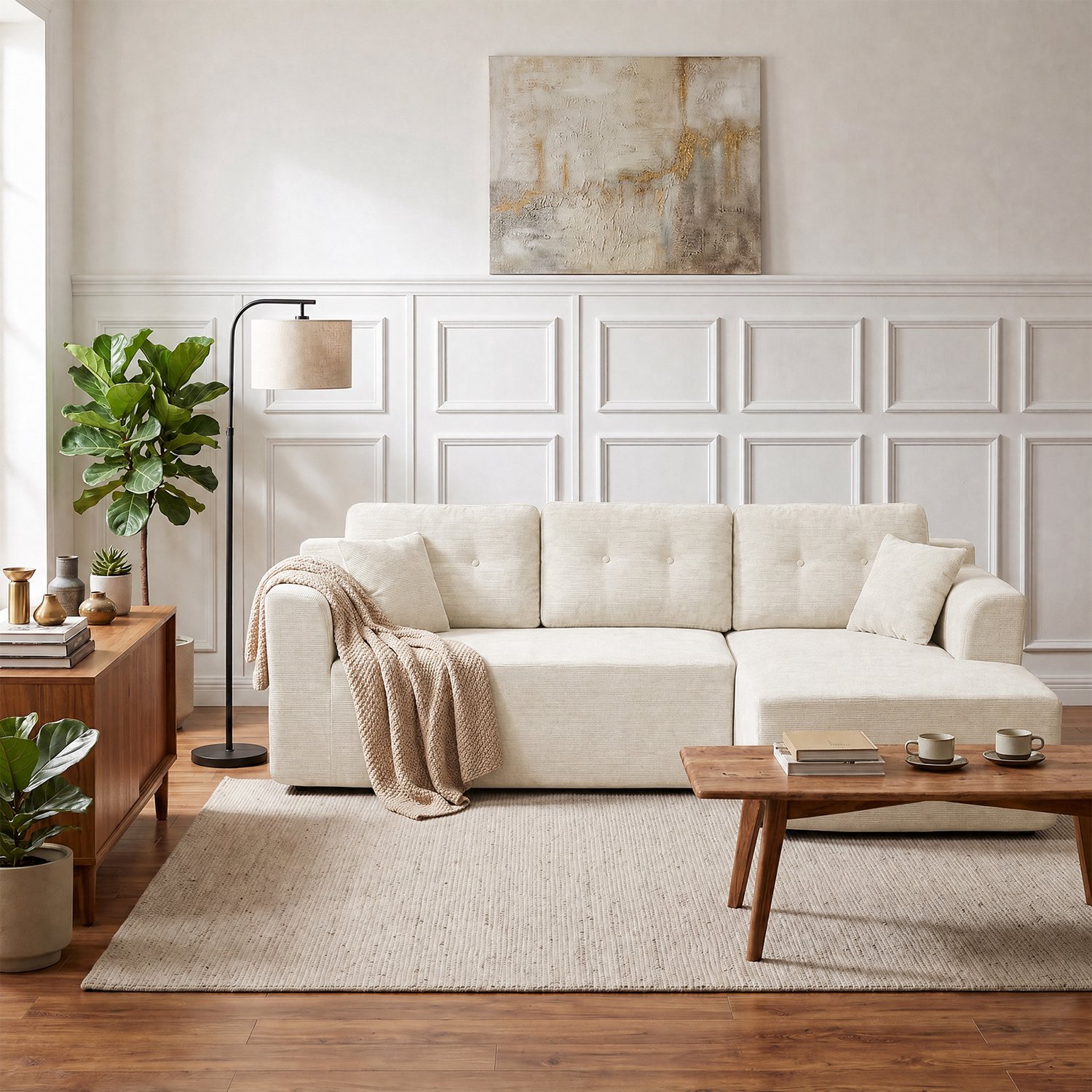 Triumpunpre Hoekbank Cloud Gecomprimeerd - Dubbele Chaise‑Longue - Poef - Chenille Stof - Polyurethaan Vulling - Wit - Voor Woonkamer
