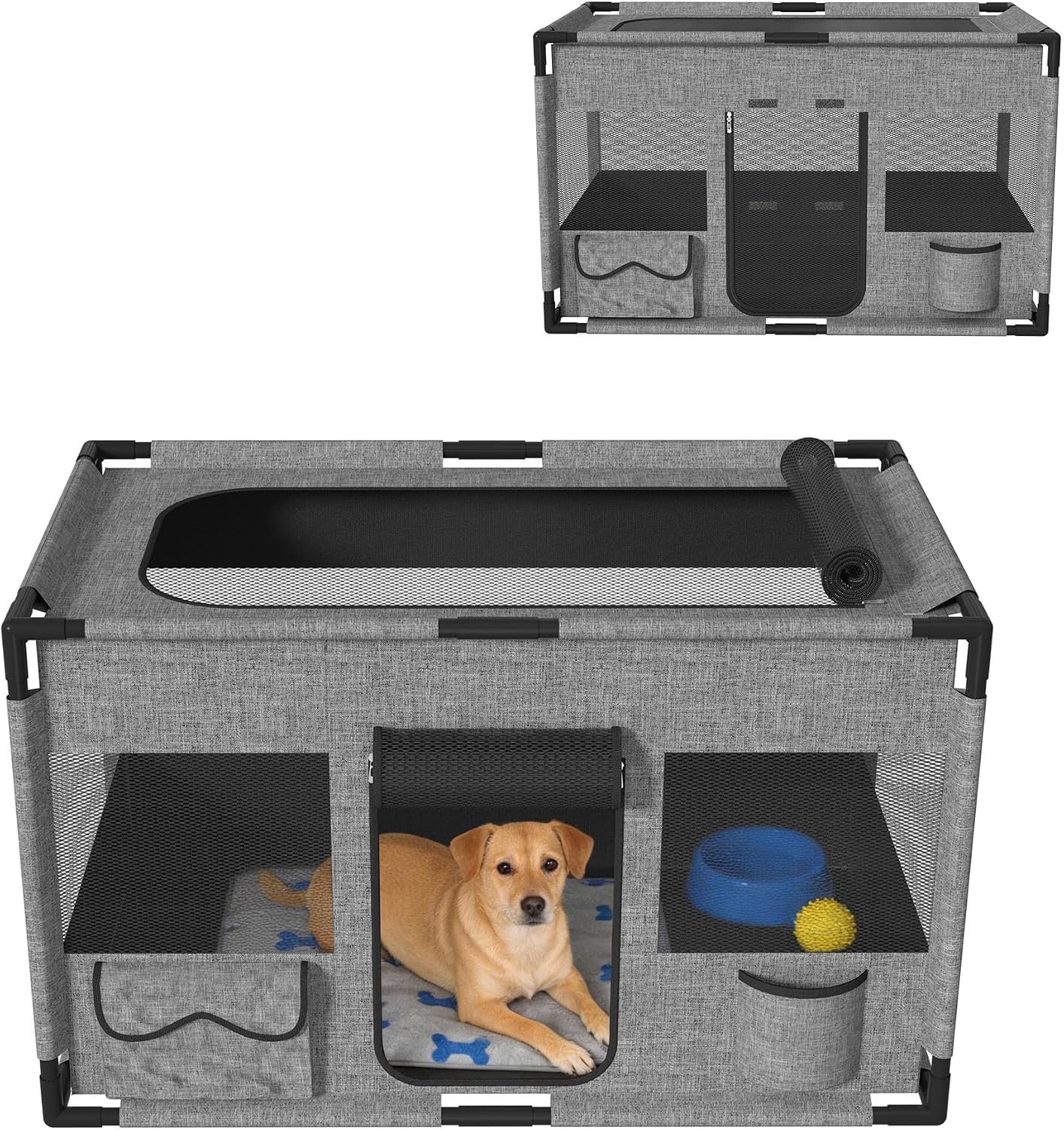 Mobiele puppyuitloop, hondenkooi van 600D Oxford-stof met pvc-frame, opvouwbaar dierenrooster voor honden en katten, dierenren met ritssluiting en opening bovenaan, grijs, rechthoekig, M