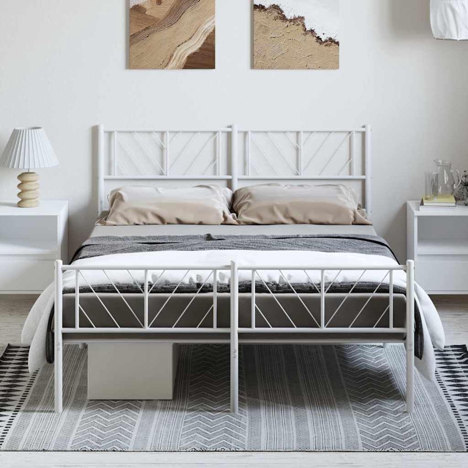 Bedframe met hoofd- en voeteneinde, wit, 150 x 200 cm, robuuste stalen constructie met lattenbodem en opbergruimte, elegant design voor de slaapkamer, duurzaam en stabiel.