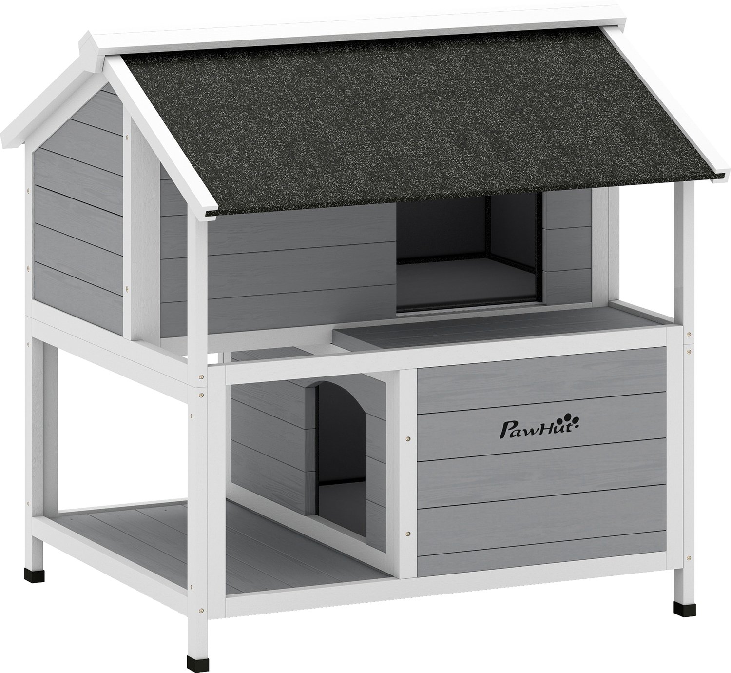 Pawona Geïsoleerd kattenhuis voor buiten - 2 verdiepingen - Met dak van asfalt en kussens - 80 x 93,2 x 95,2 cm - Grijs/Wit