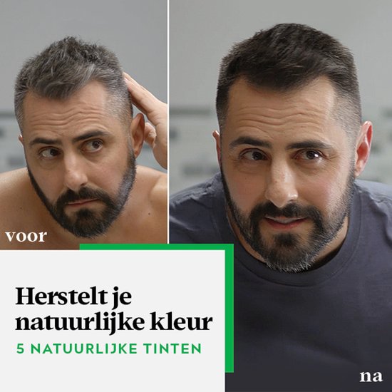 Man met grijs haar voor en na het gebruik van haarverf. De tekst "voor" en "na" is zichtbaar.