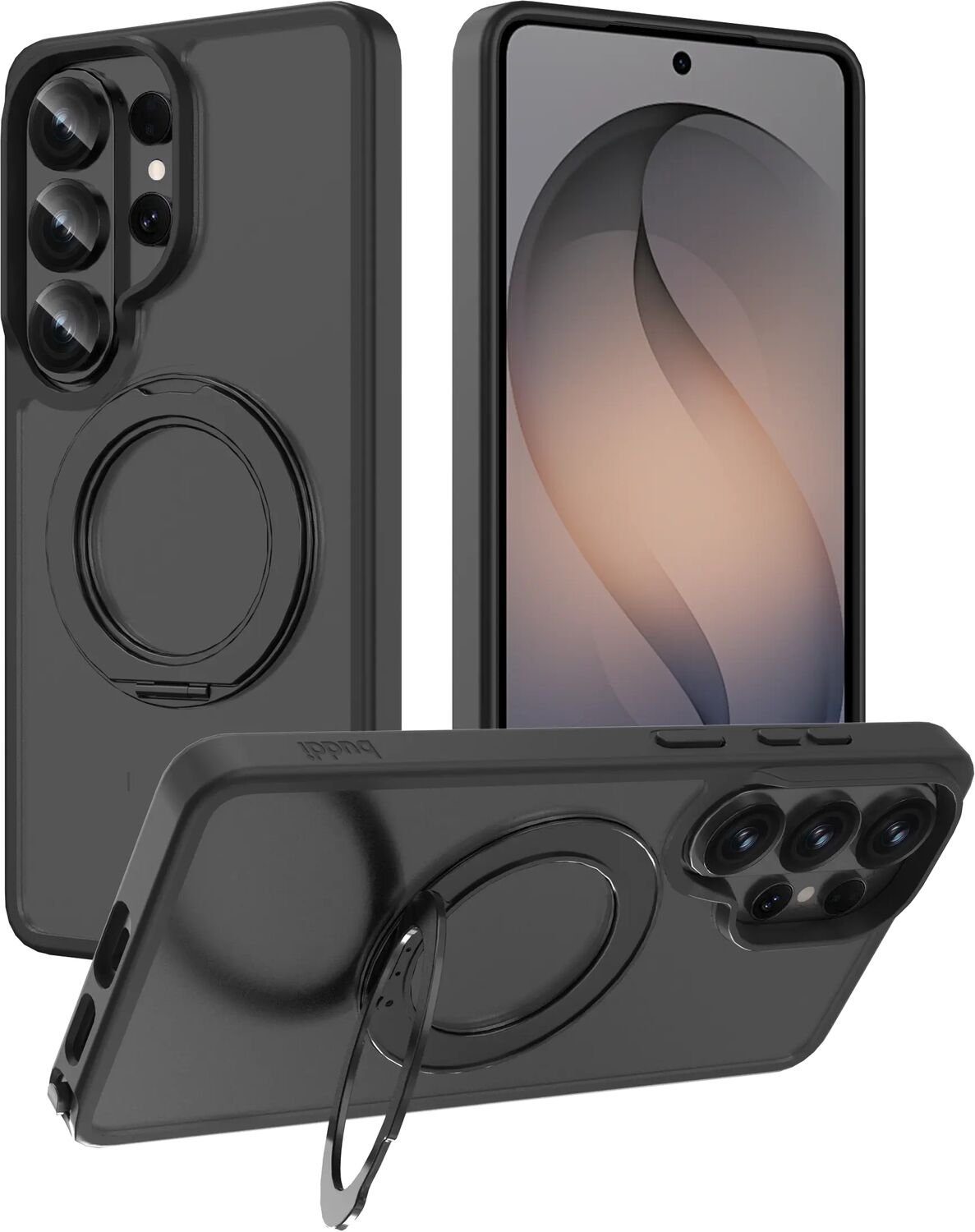 Buddi Frost Hoesje Geschikt voor Samsung Galaxy S26 Ultra - Mat Zwart - Met Ring Stand - MagSafe Back Cover - Matchende kleur - Met 360° Draaibare Standaard - Shockproof - Slank
