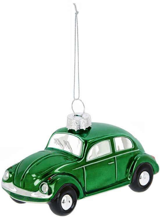 Groene glazen VW Kever kerstornament, zijaanzicht van de voorkant met zilveren ophangkoord.