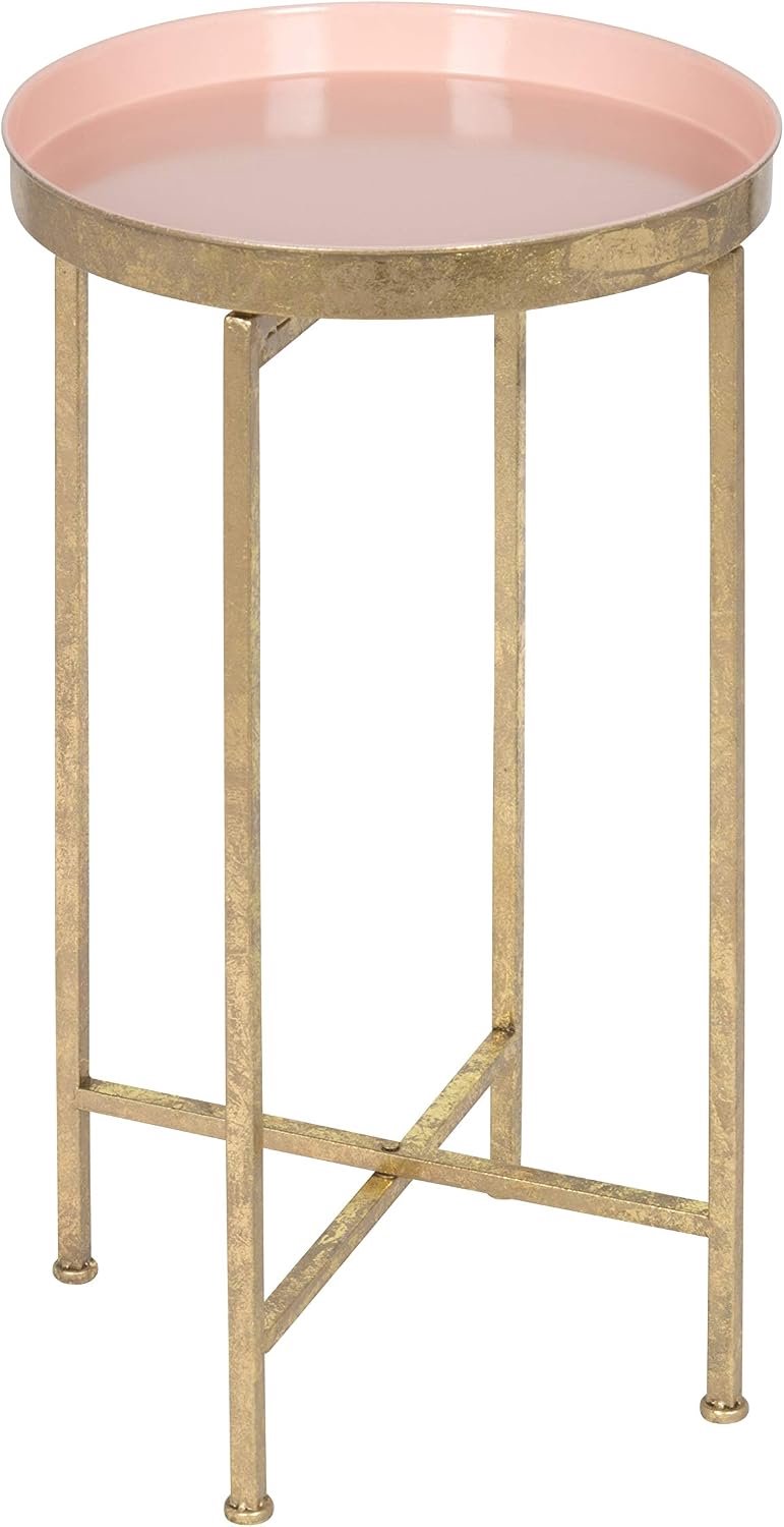 And Laurel 212374 Celia ronde metalen opvouwbare lade accenttafel, roze en goud