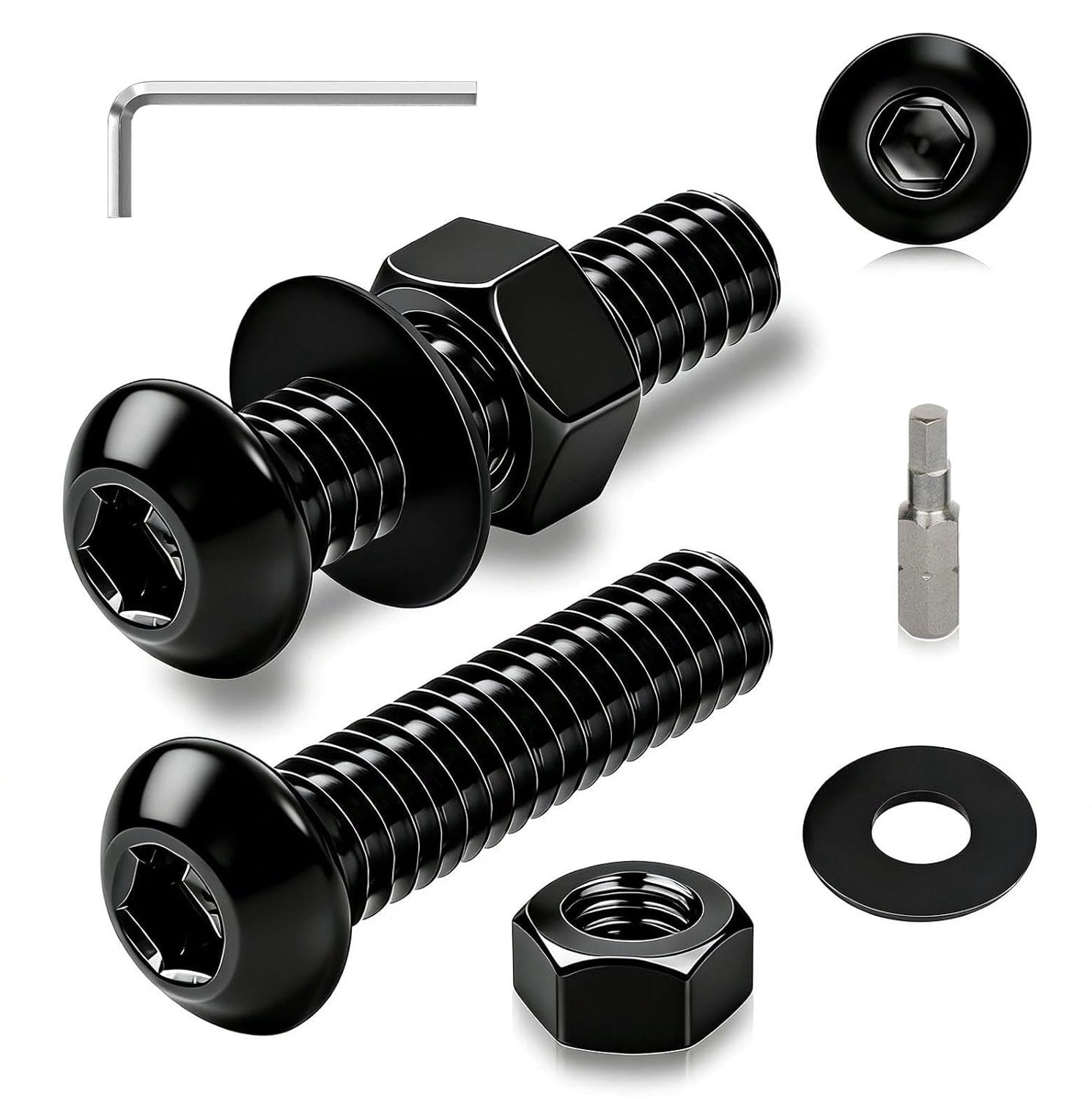 Schroeven zwart set, 30 stuks lenskopschroeven M5 x 25 mm platte kopschroeven ISO 7380 binnenzeskant moeren en sluitringen set ronde kopschroeven schroefdraadschroeven voor meubelinbouw