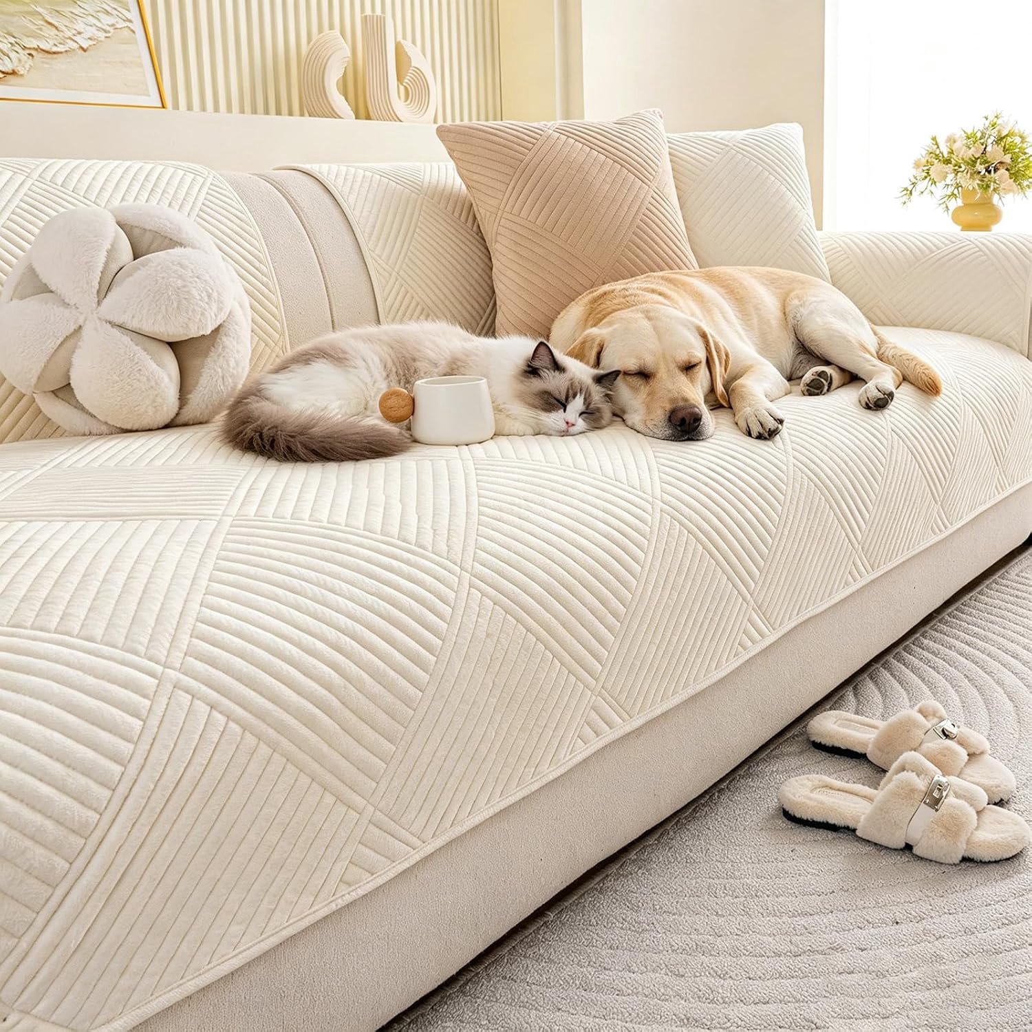 Bankhoes - Antislip Bankovertrek - Bankbeschermer - Korte Pluche Sofa Beschermer - Universeel - Voor 1-2-3 Zitsbank - Per Stuk - Beige - 90 x 180 cm