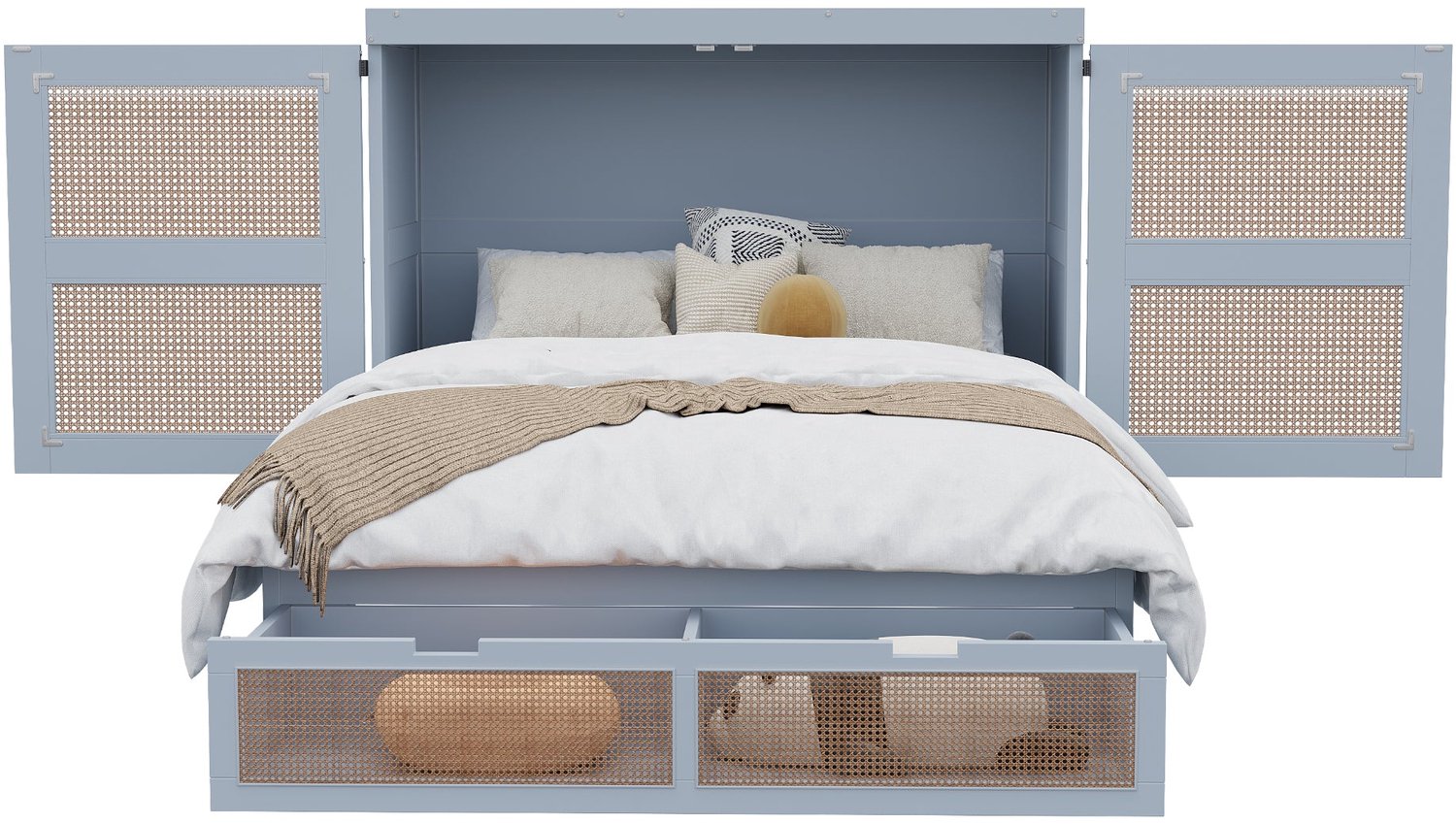 Merax Wandbed 140 x 200 cm - Opklapbed Met Houten Lattenbodem - 2 Opberglades - Rotanlook - Ruimtebesparend - Grijs