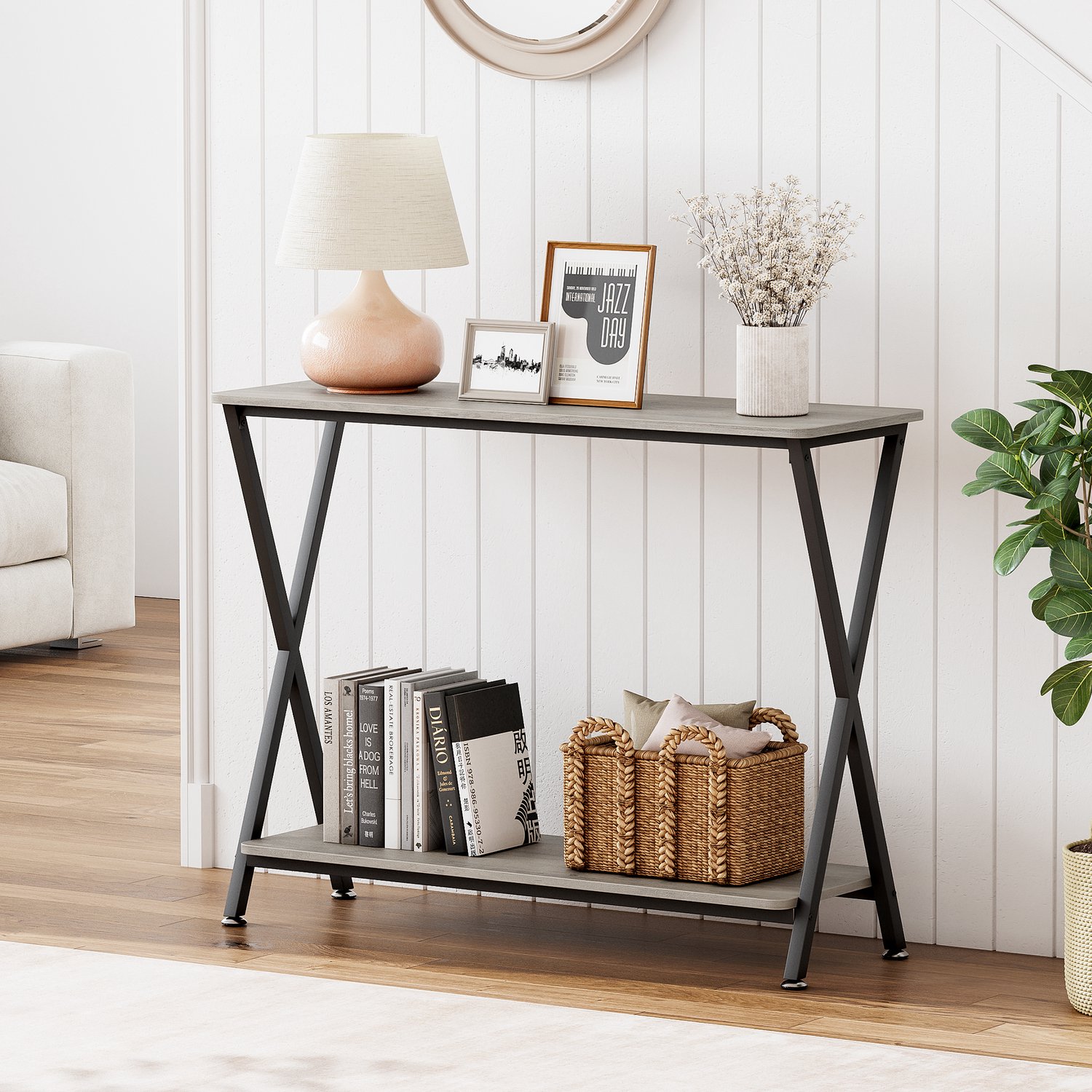Konsolentafel Smal Met Opbergplank & Metalen Frame - 85 x 30 x 81 cm - Industrieel Sofatafel voor Gang Woonkamer of Slaapkamer - Grijs Zwart
