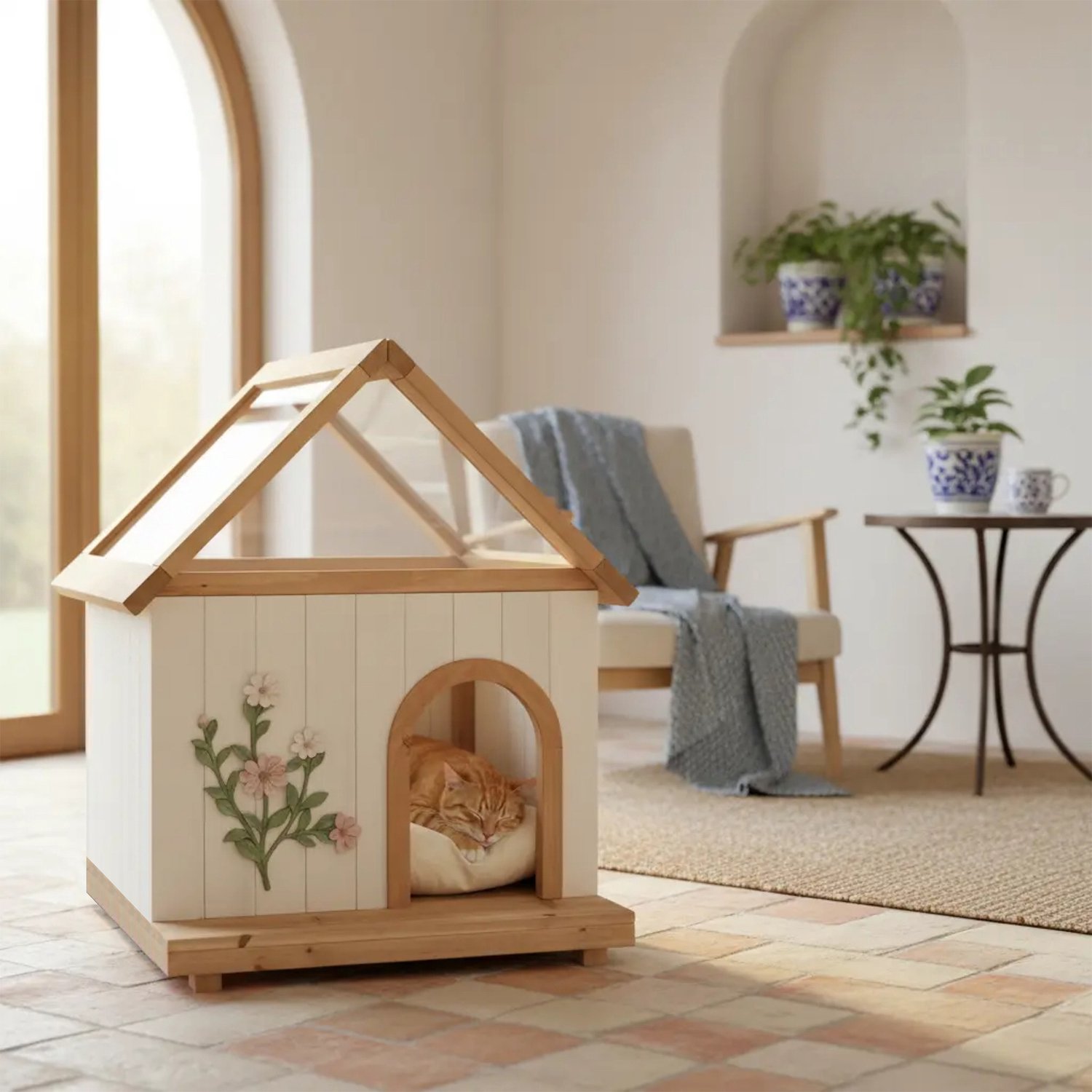 Kattenhuis Van Massief Hout - Kristalhelder Acryl Dak - Voor Grote Katten En Kleine Honden - Afneembaar Floraal Voorpaneel - Wit