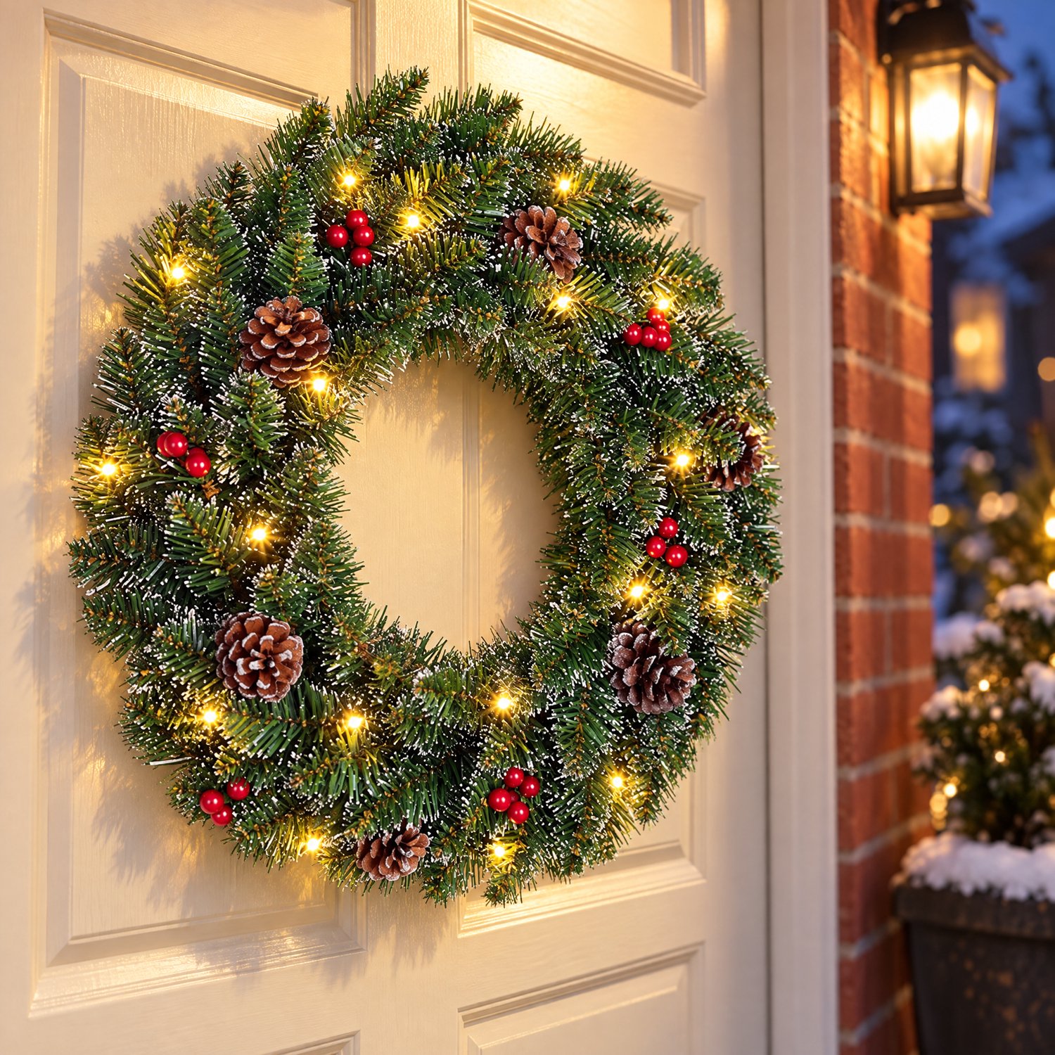 Cheqo® Kerstkrans met LED Verlichting - Deurkrans - Groene Dennenkrans - Kerstdecoratie - Verlichte Krans met Dennenappels en Rode Bessen - Warm Witte Kerstverlichting - Kerstversiering - LED Krans - Kunstkerstkrans - Raamdecoratie