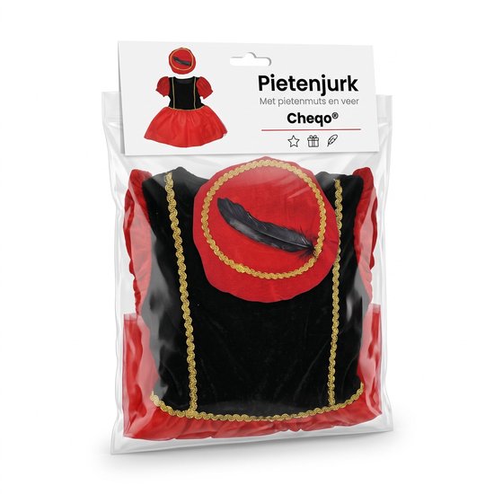 Cheqo Pietenjurk in verpakking, inclusief muts en veer voor pakjesavond.