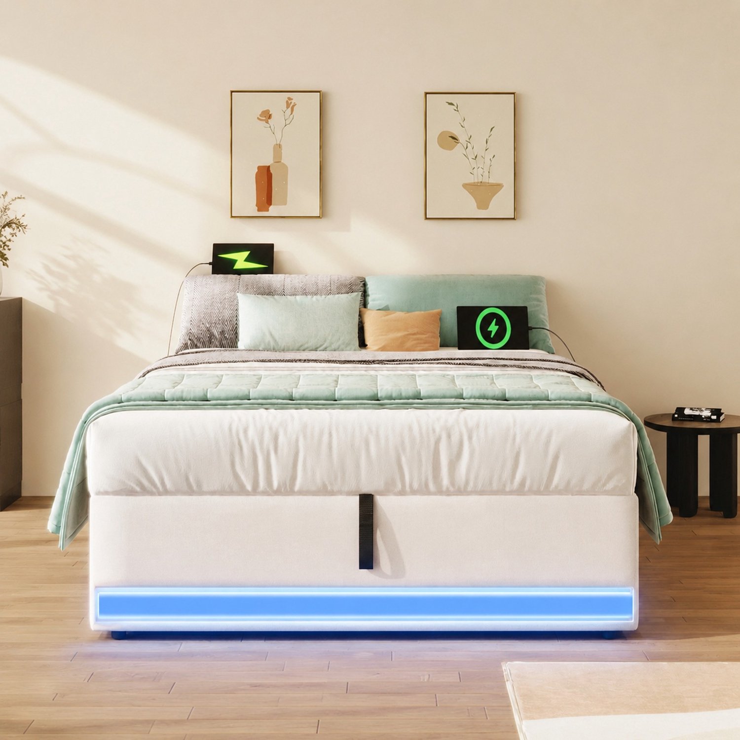 Gestoffeerd bed 90 x 200 cm - LED-verlichting - USB en Type-C - beige