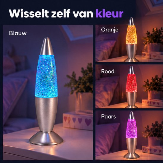 Cheqo® Glitterlamp - Lavalamp - Kleur Veranderend - Kleurwisselend - Sfeerlamp - Nachtlamp - Kinderlamp - Tafellamp met Glitters - Sfeerlicht - Multicolor - Zilver - Cadeau voor Kinderen - Meisjes en Jongens - Slaapkamer - Kinderkamer — afbeelding 3