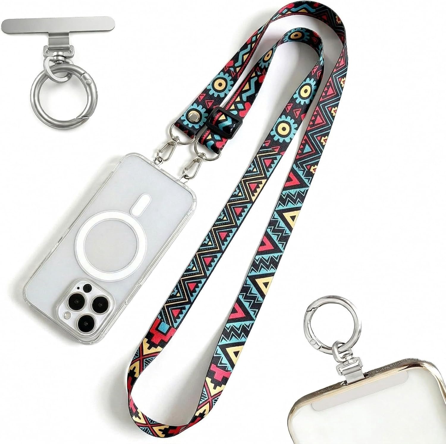 Telefoonkoord met 2 patches van roestvrij staal, verstelbare schouderriem, Totem Maya-motief, smartphone-halsketting met metalen ring voor hoesjes met 1 of 2 gaten
